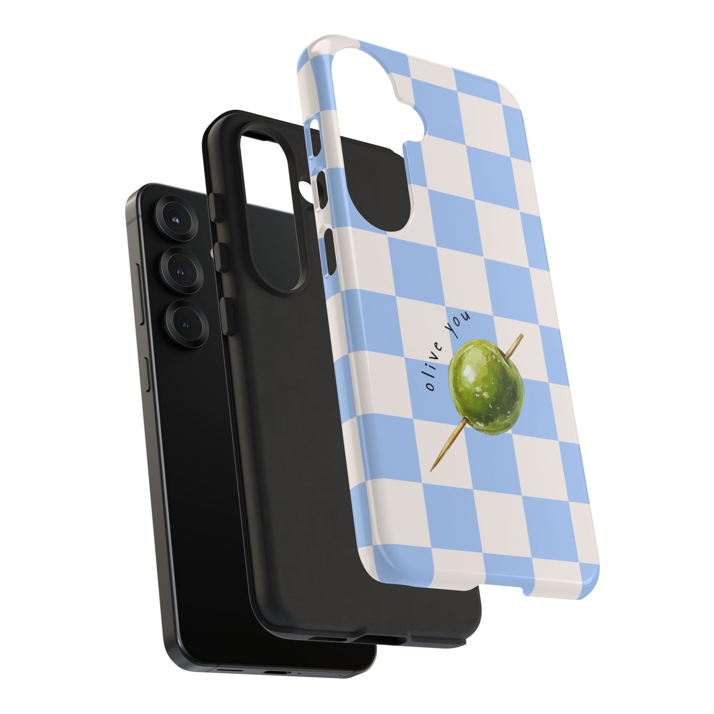 Blue Checkered Phone Case — 'Olive You' Patterned Protective Cover
