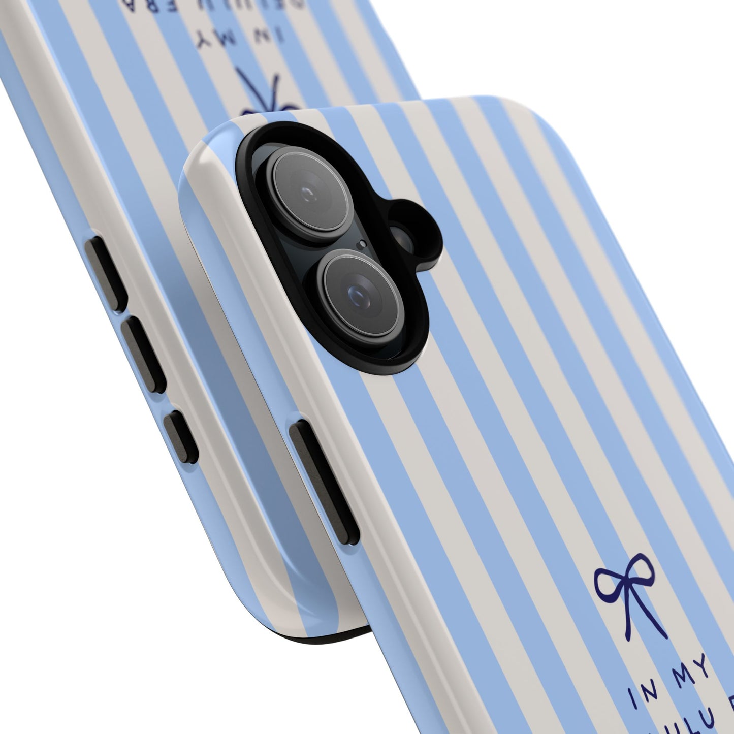 Striped Blue Phone Case — "In My Delulu Era" Cute Bow Design