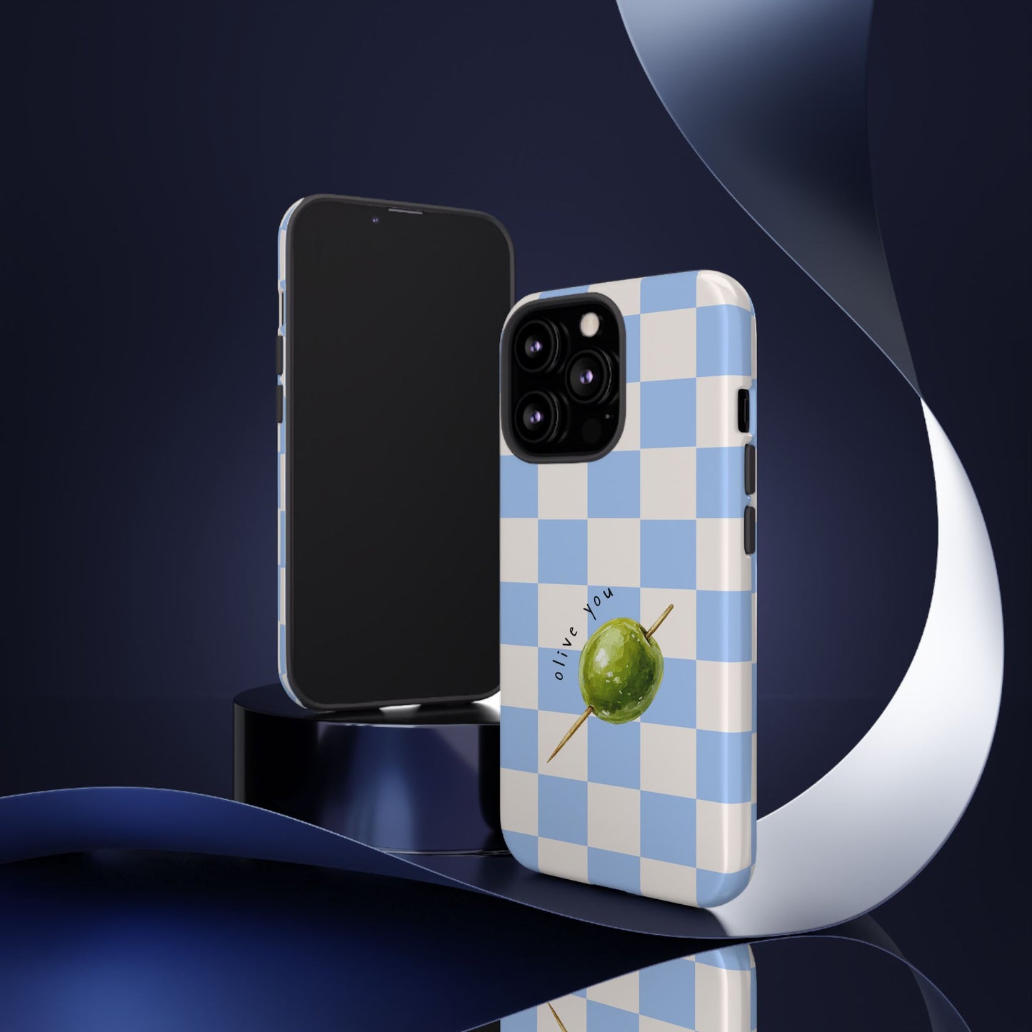 Blue Checkered Phone Case — 'Olive You' Patterned Protective Cover