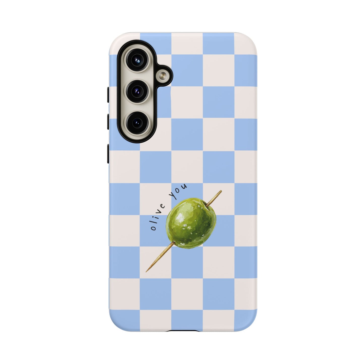 Blue Checkered Phone Case — 'Olive You' Patterned Protective Cover