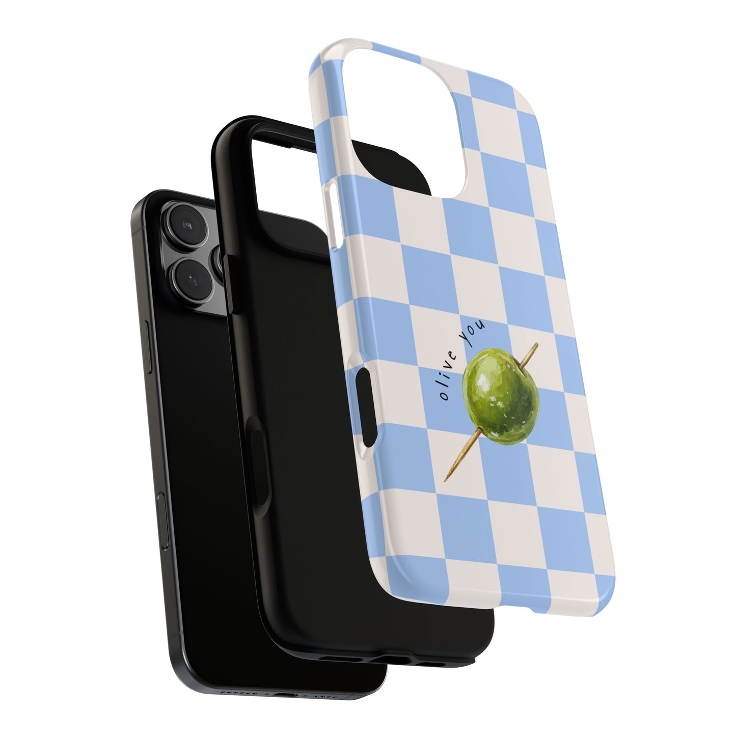Blue Checkered Phone Case — 'Olive You' Patterned Protective Cover