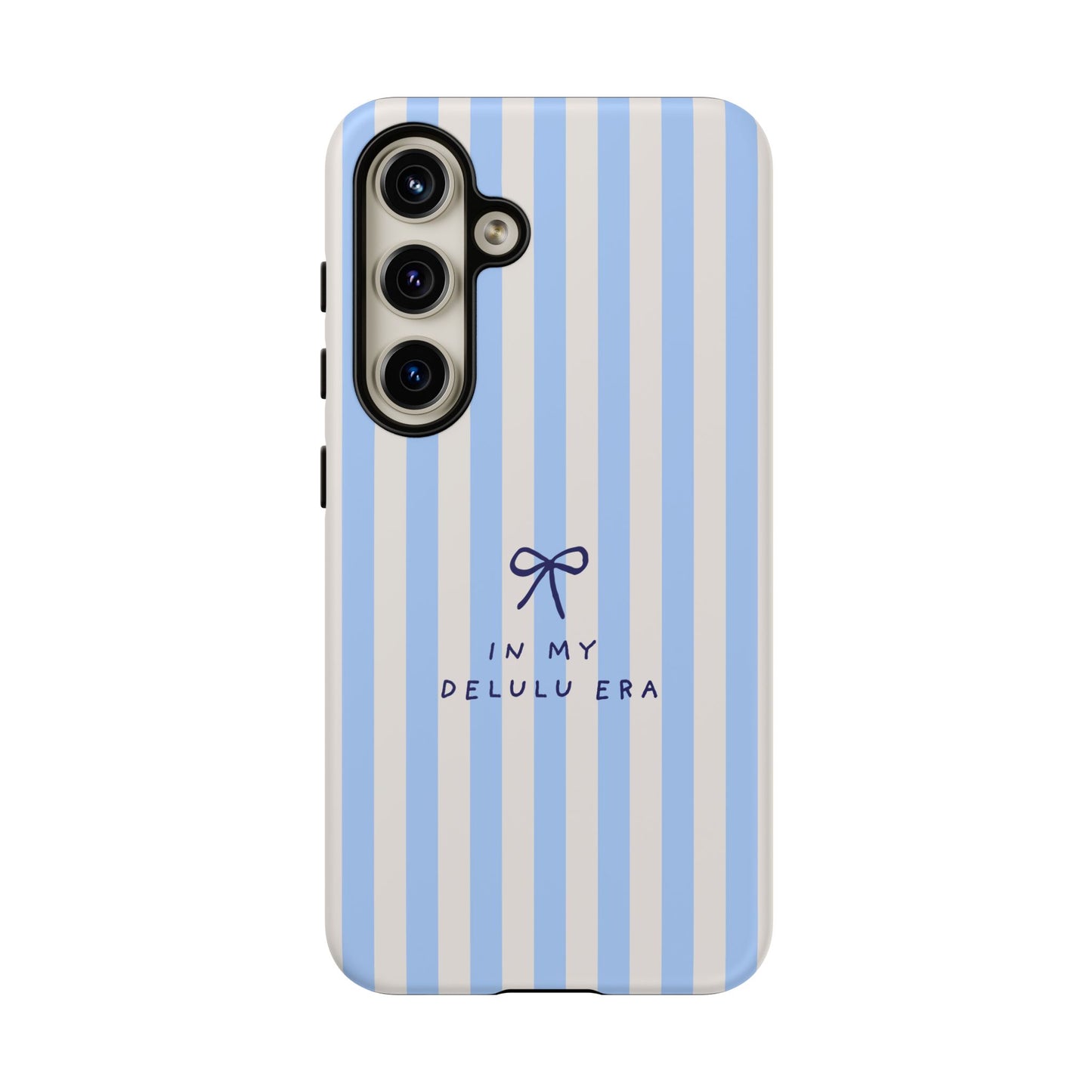 Striped Blue Phone Case — "In My Delulu Era" Cute Bow Design