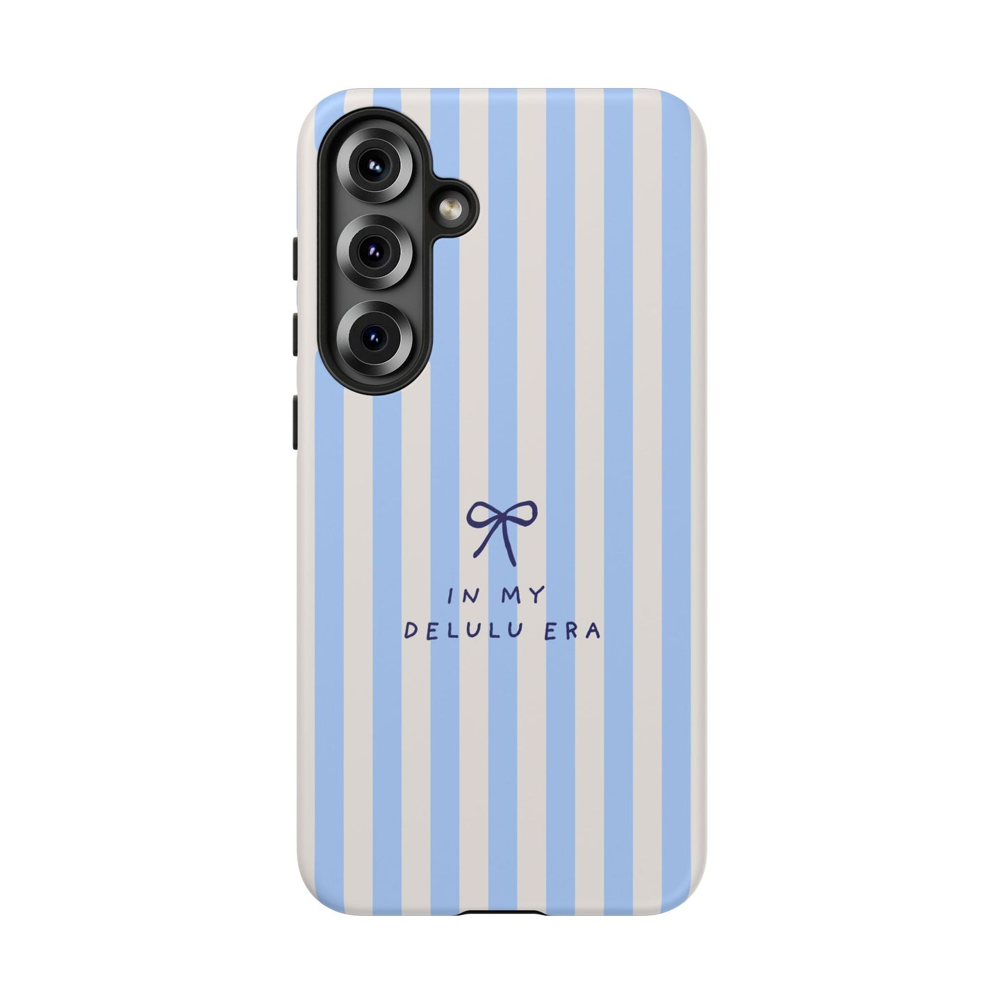 Striped Blue Phone Case — "In My Delulu Era" Cute Bow Design