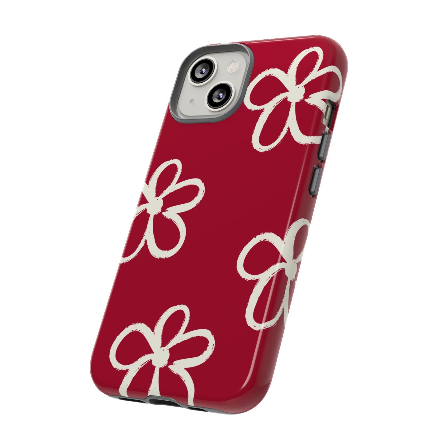 Red Floral Tough Phone Case — Hand-Drawn White Flowers on Burgundy