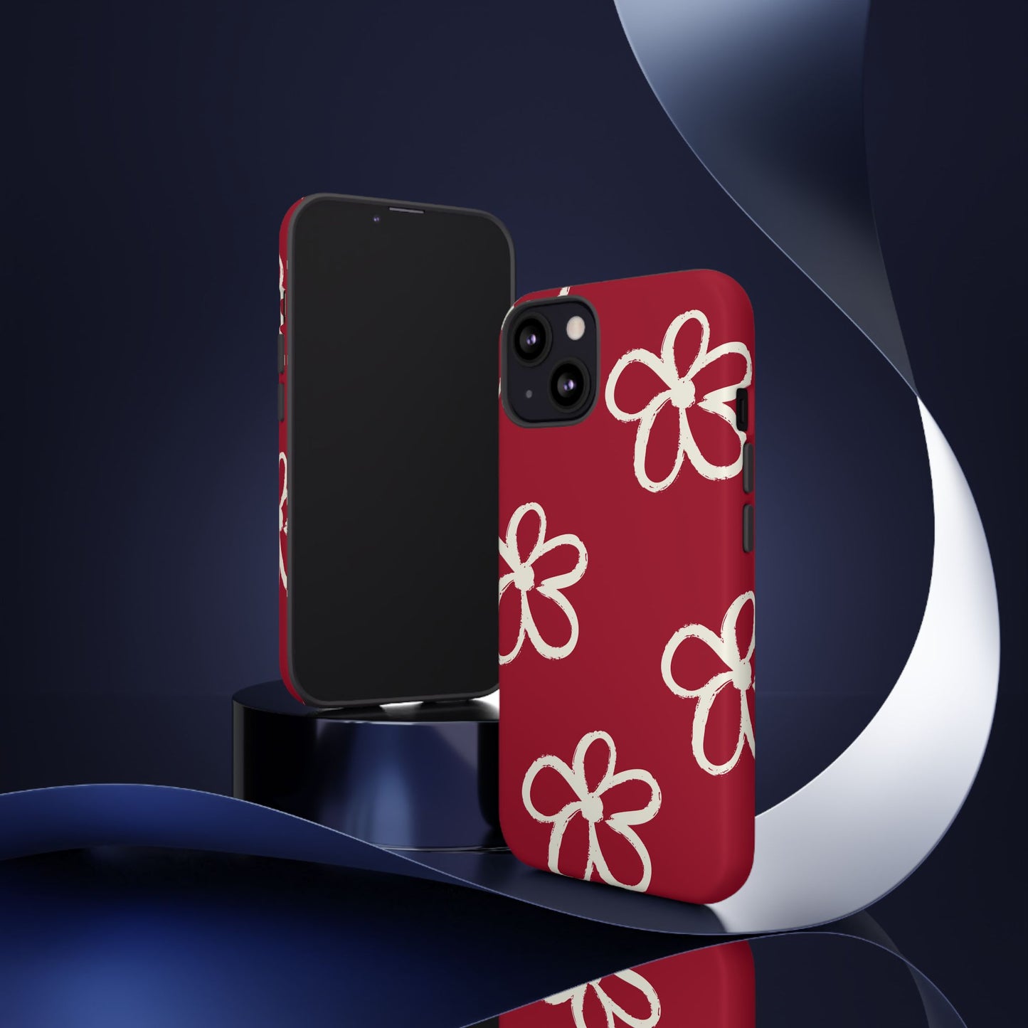 Red Floral Tough Phone Case — Hand-Drawn White Flowers on Burgundy