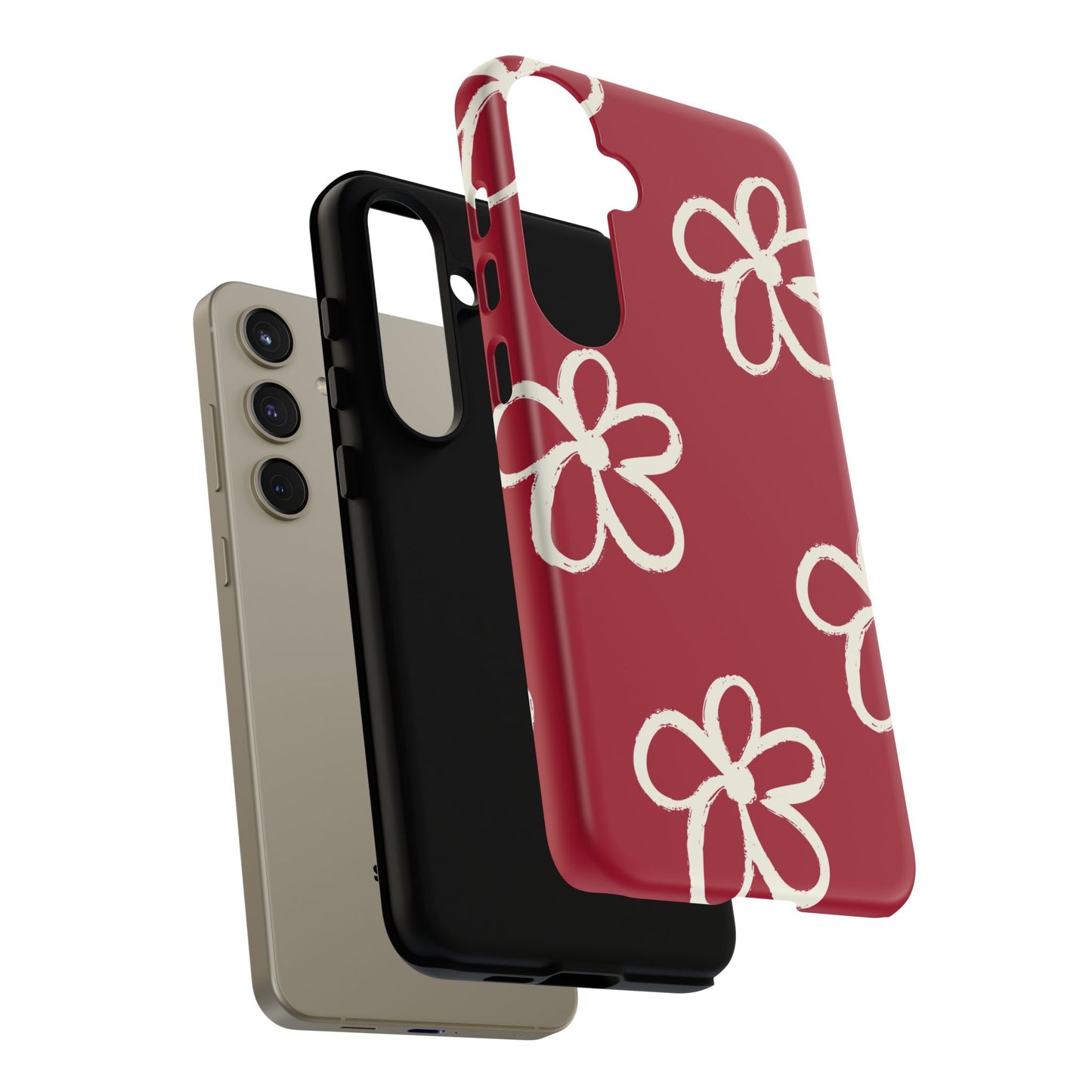 Red Floral Tough Phone Case — Hand-Drawn White Flowers on Burgundy
