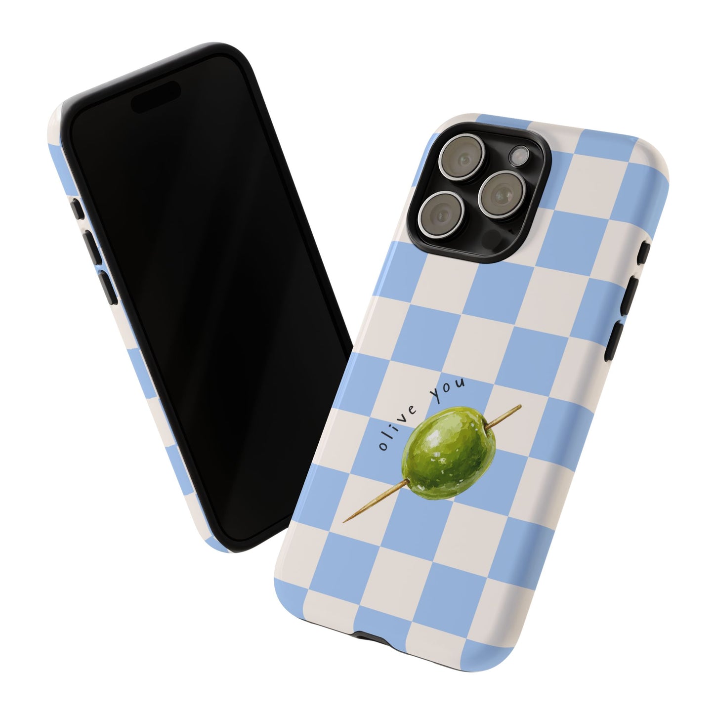 Blue Checkered Phone Case — 'Olive You' Patterned Protective Cover