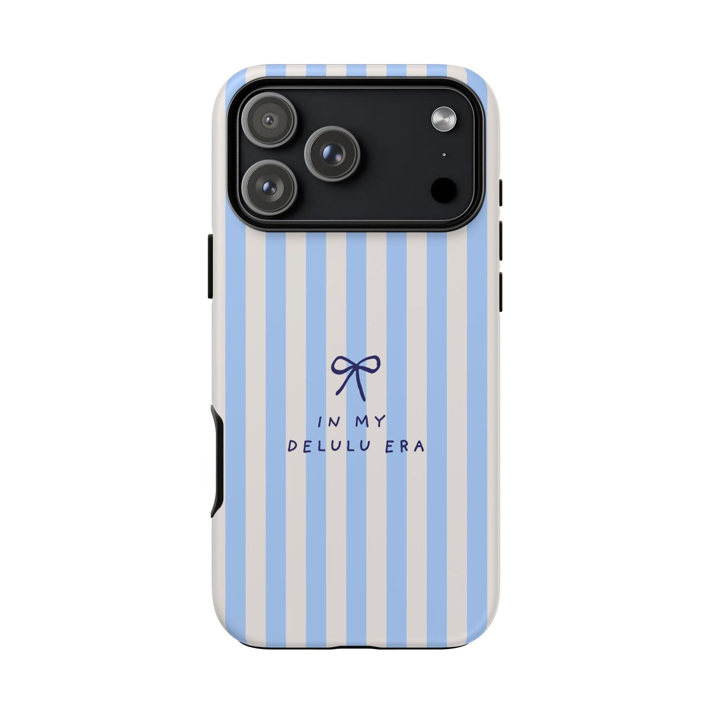 Striped Blue Phone Case — "In My Delulu Era" Cute Bow Design