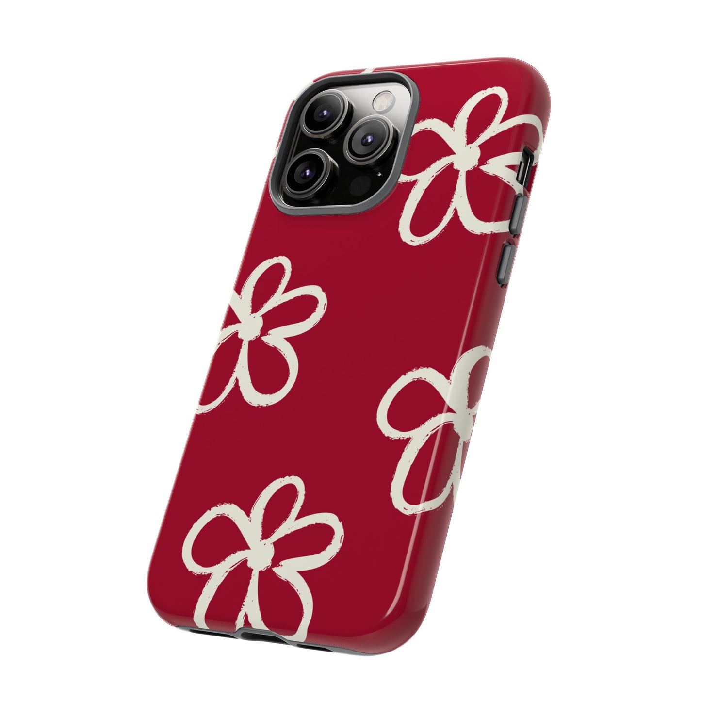 Red Floral Tough Phone Case — Hand-Drawn White Flowers on Burgundy