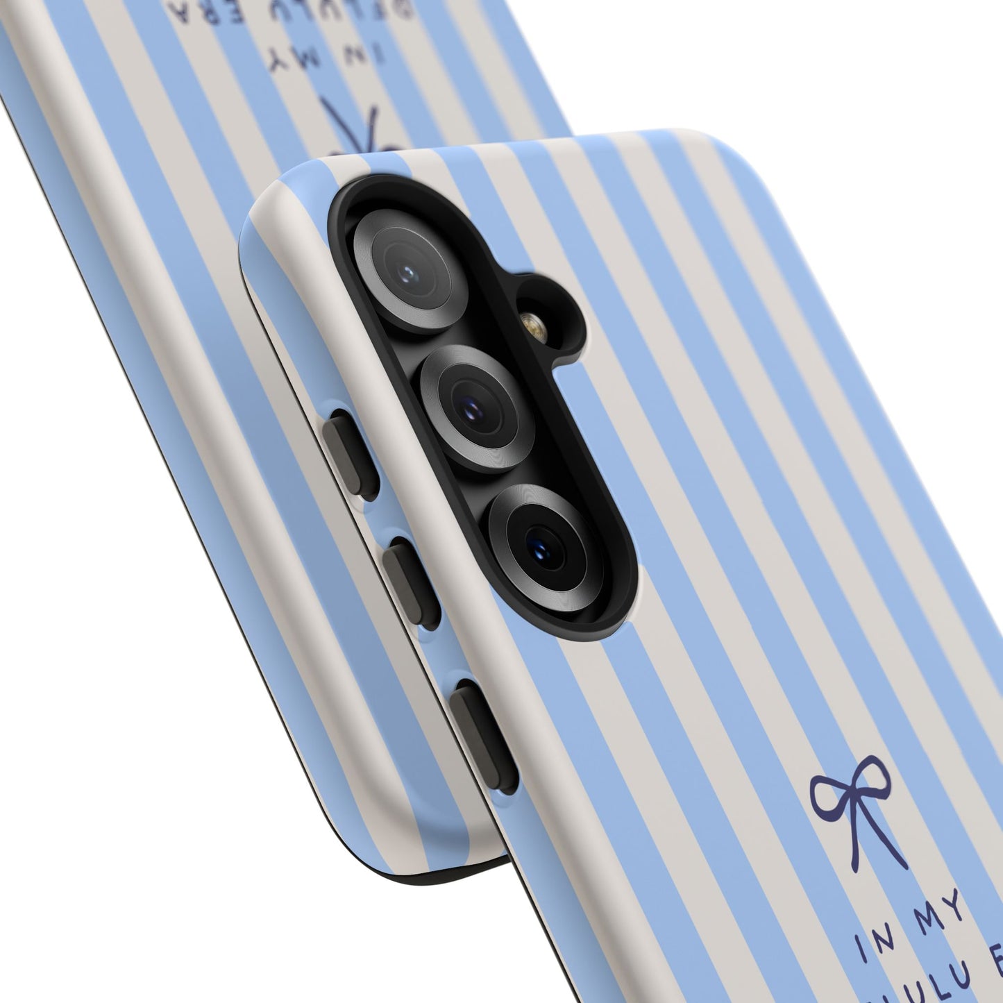 Striped Blue Phone Case — "In My Delulu Era" Cute Bow Design