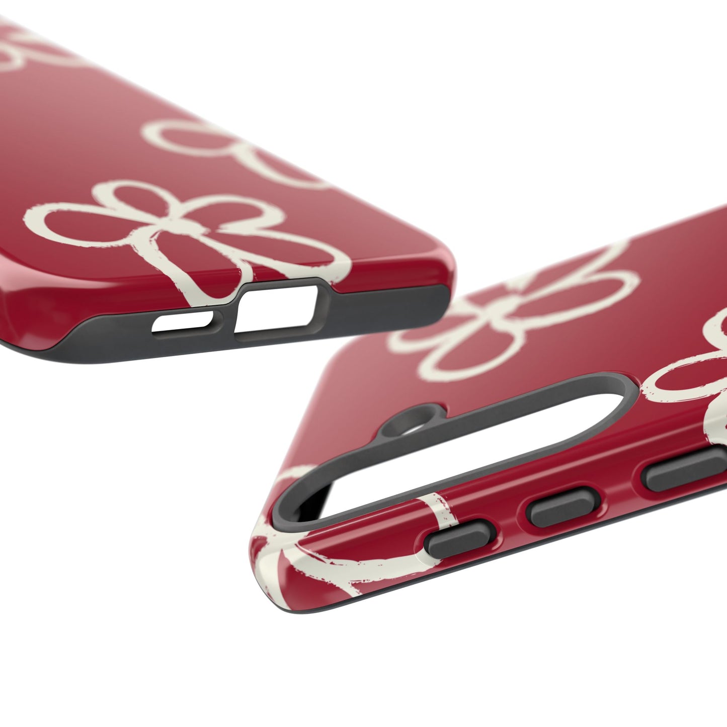 Red Floral Tough Phone Case — Hand-Drawn White Flowers on Burgundy