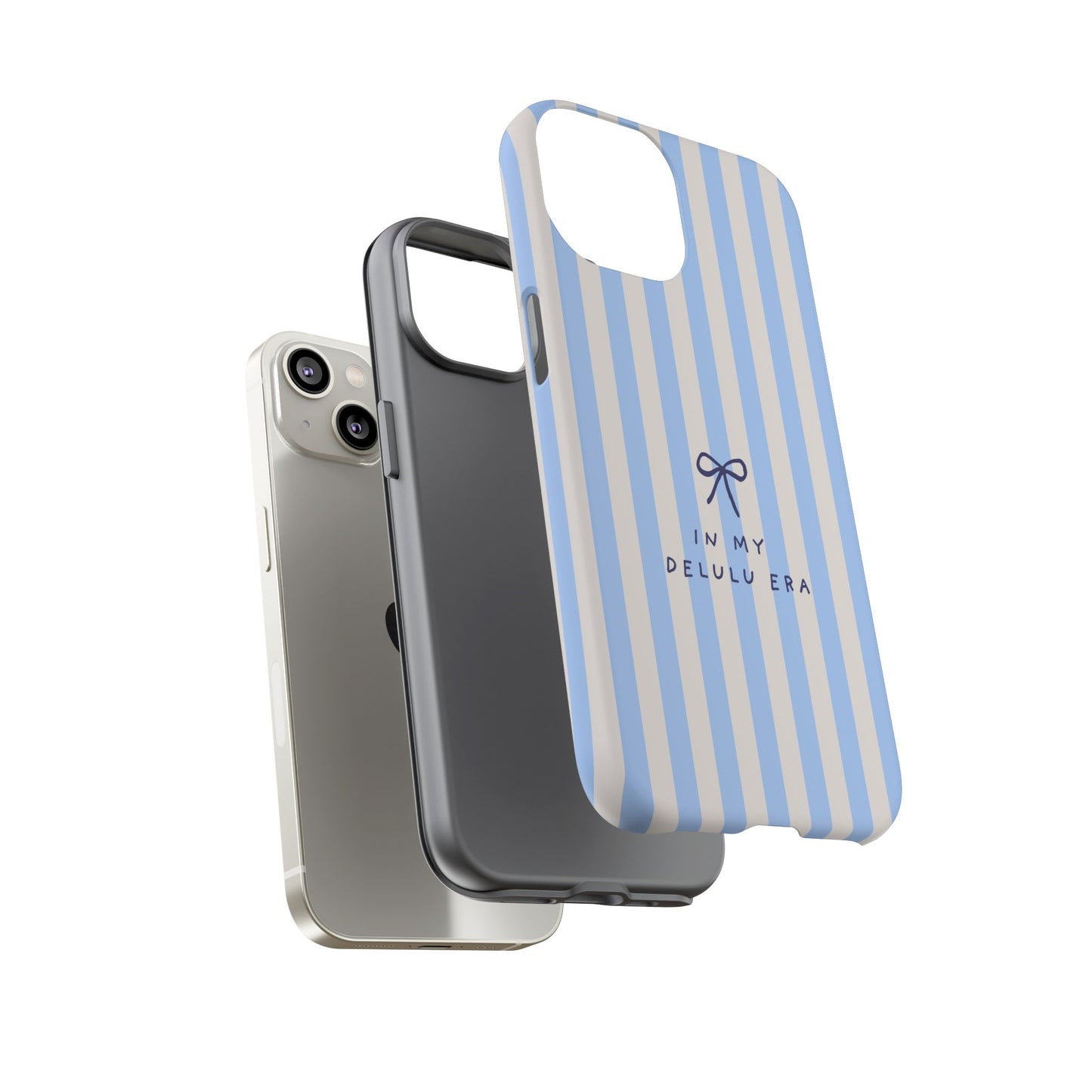 Striped Blue Phone Case — "In My Delulu Era" Cute Bow Design