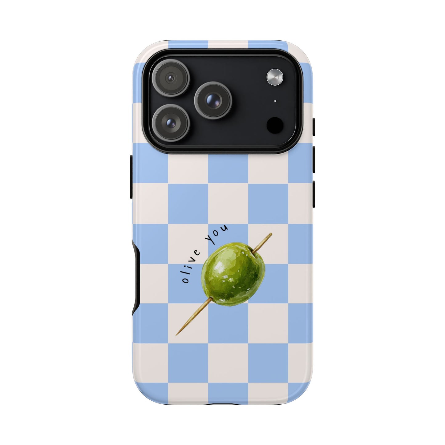 Blue Checkered Phone Case — 'Olive You' Patterned Protective Cover
