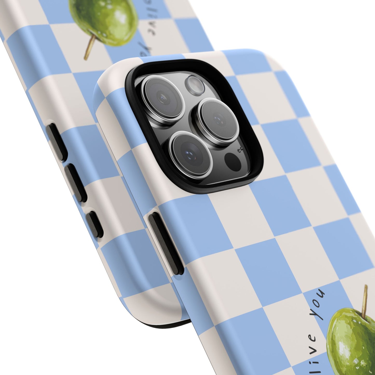 Blue Checkered Phone Case — 'Olive You' Patterned Protective Cover