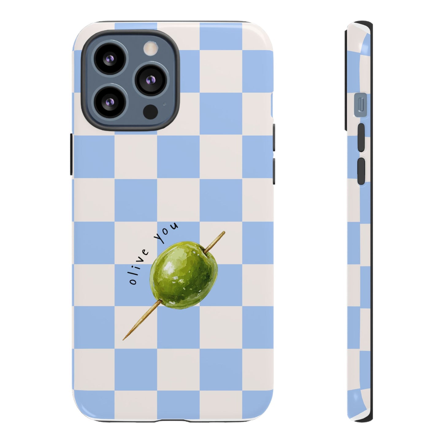 Blue Checkered Phone Case — 'Olive You' Patterned Protective Cover