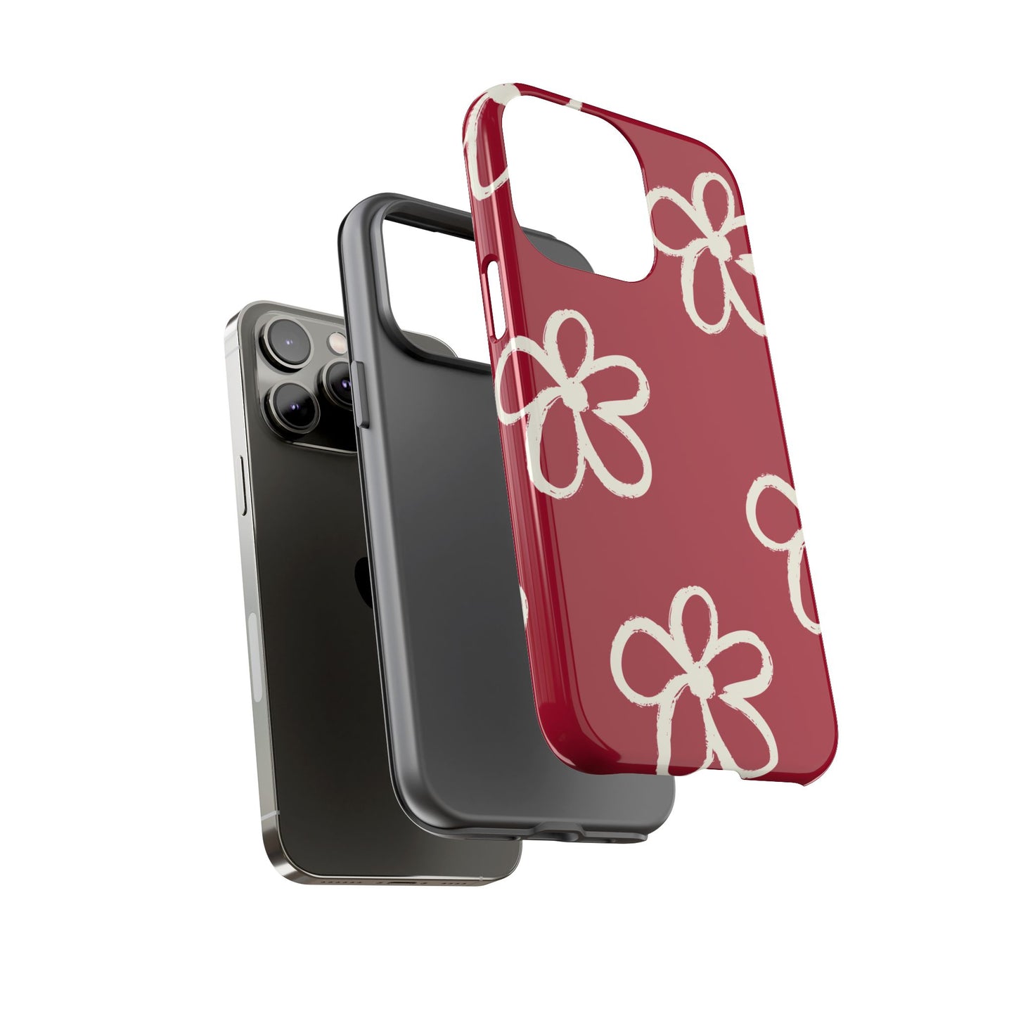 Red Floral Tough Phone Case — Hand-Drawn White Flowers on Burgundy