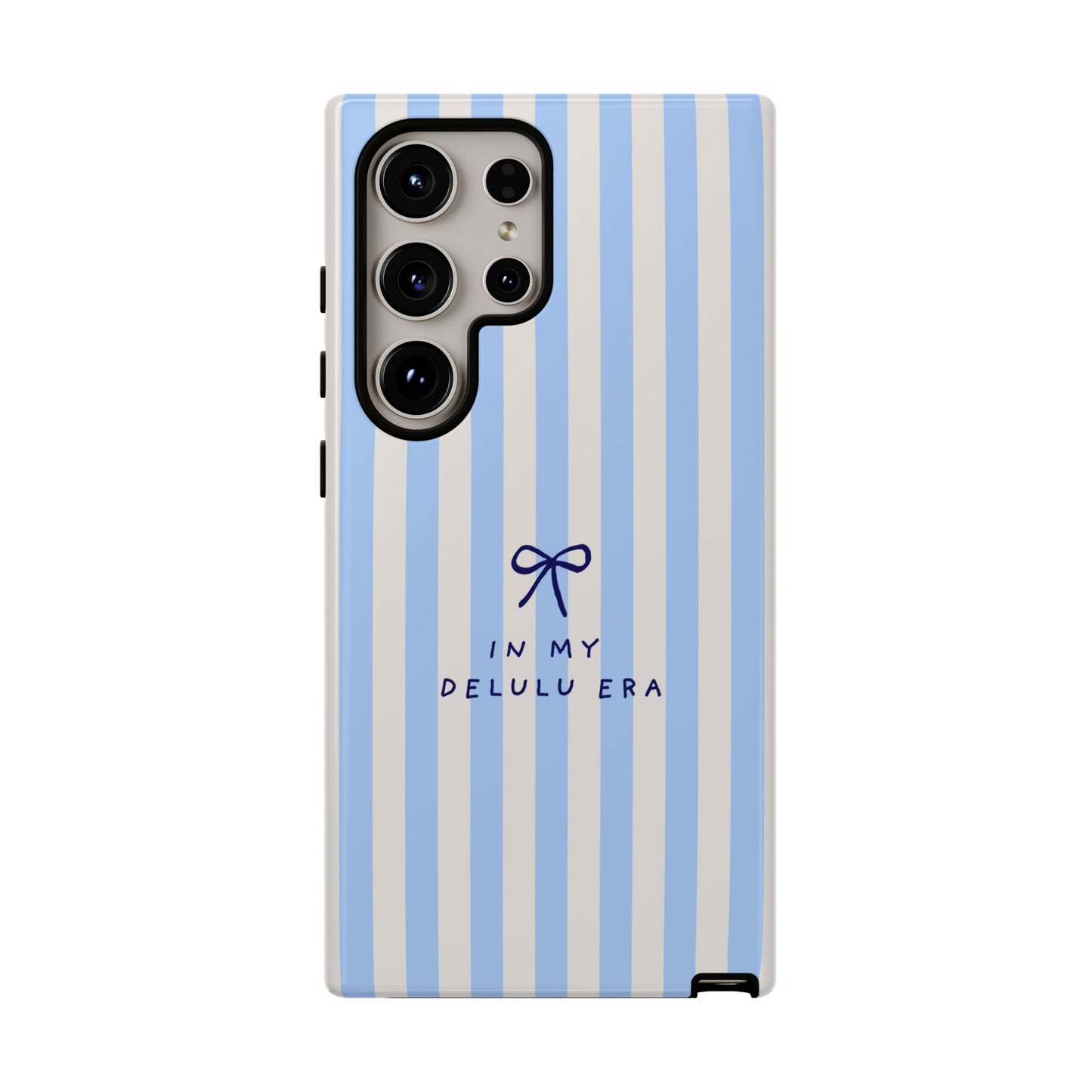 Striped Blue Phone Case — "In My Delulu Era" Cute Bow Design