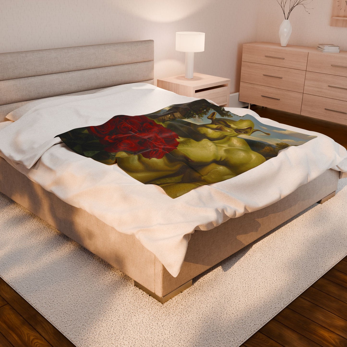 Plush Blanket - Muscular Ogre Holding Roses Velveteen Throw