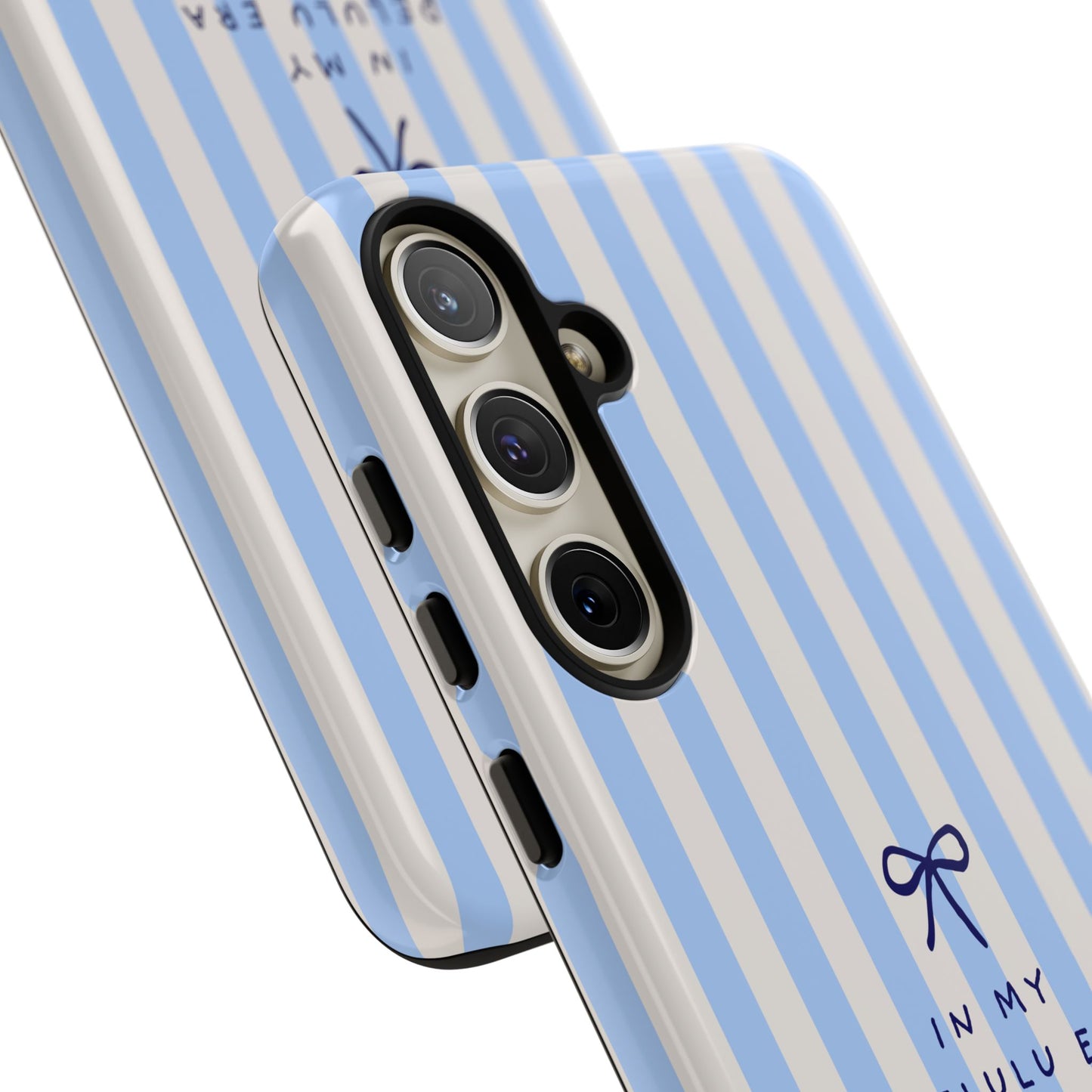 Striped Blue Phone Case — "In My Delulu Era" Cute Bow Design