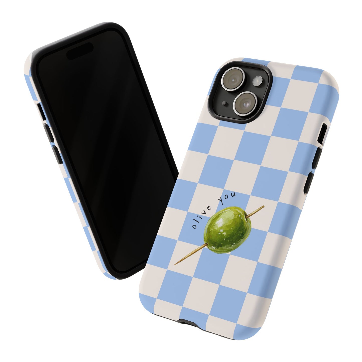 Blue Checkered Phone Case — 'Olive You' Patterned Protective Cover