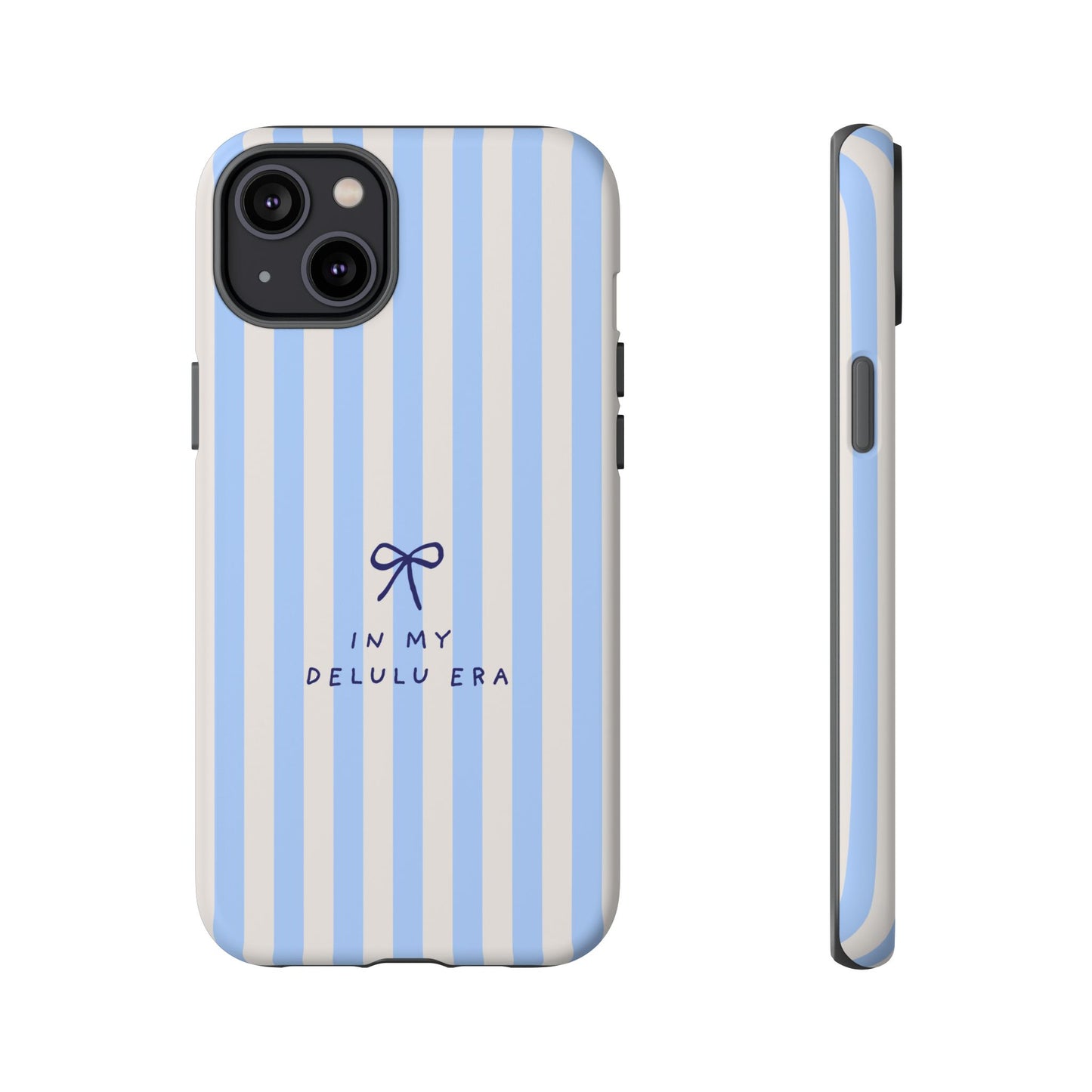 Striped Blue Phone Case — "In My Delulu Era" Cute Bow Design