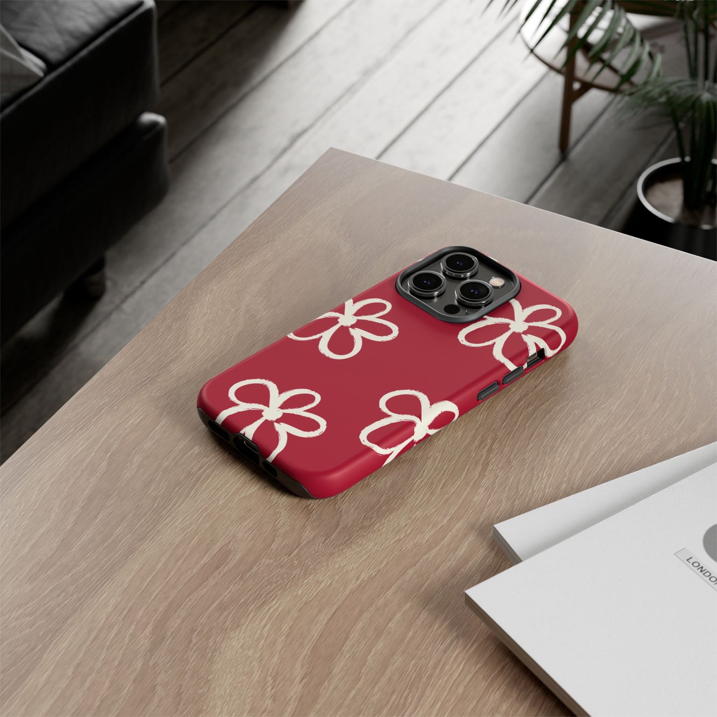 Red Floral Tough Phone Case — Hand-Drawn White Flowers on Burgundy