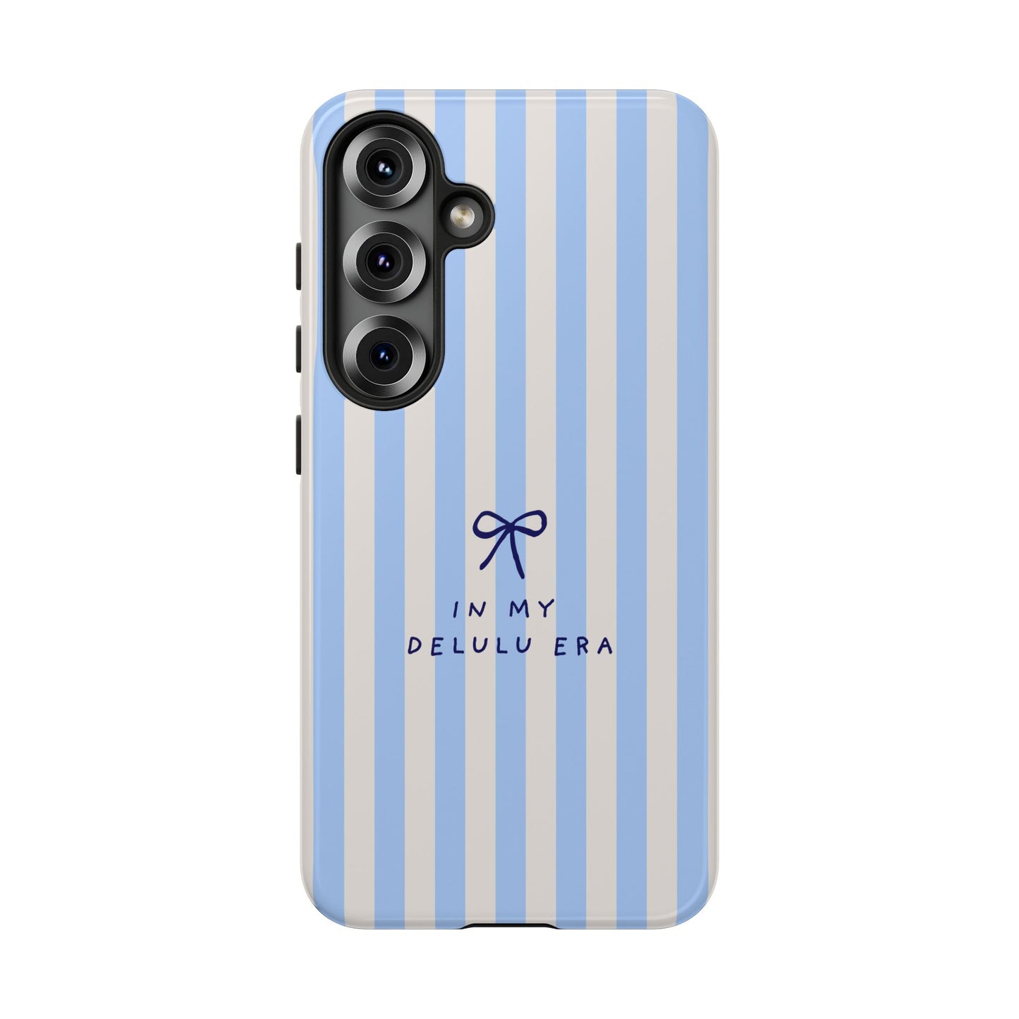 Striped Blue Phone Case — "In My Delulu Era" Cute Bow Design