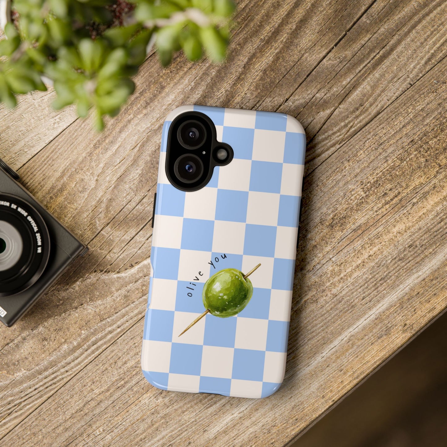 Blue Checkered Phone Case — 'Olive You' Patterned Protective Cover
