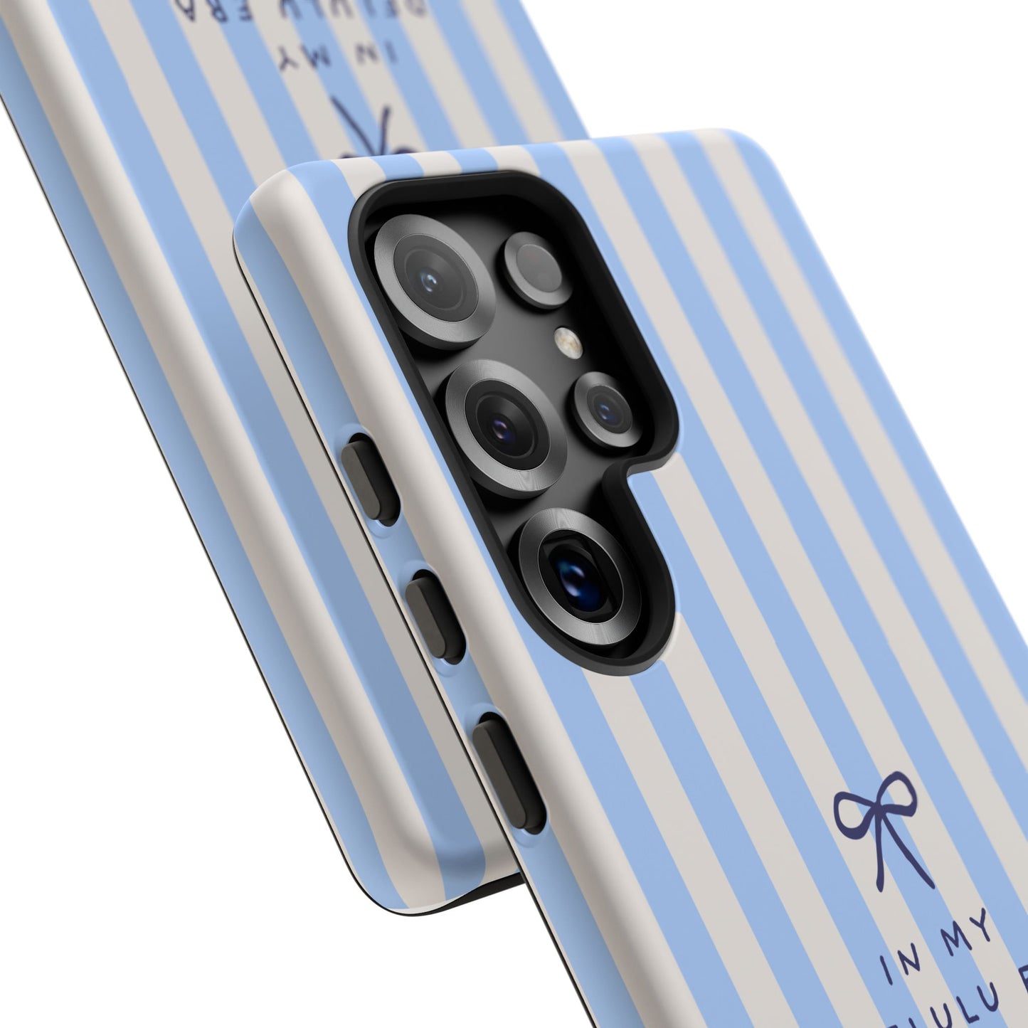 Striped Blue Phone Case — "In My Delulu Era" Cute Bow Design