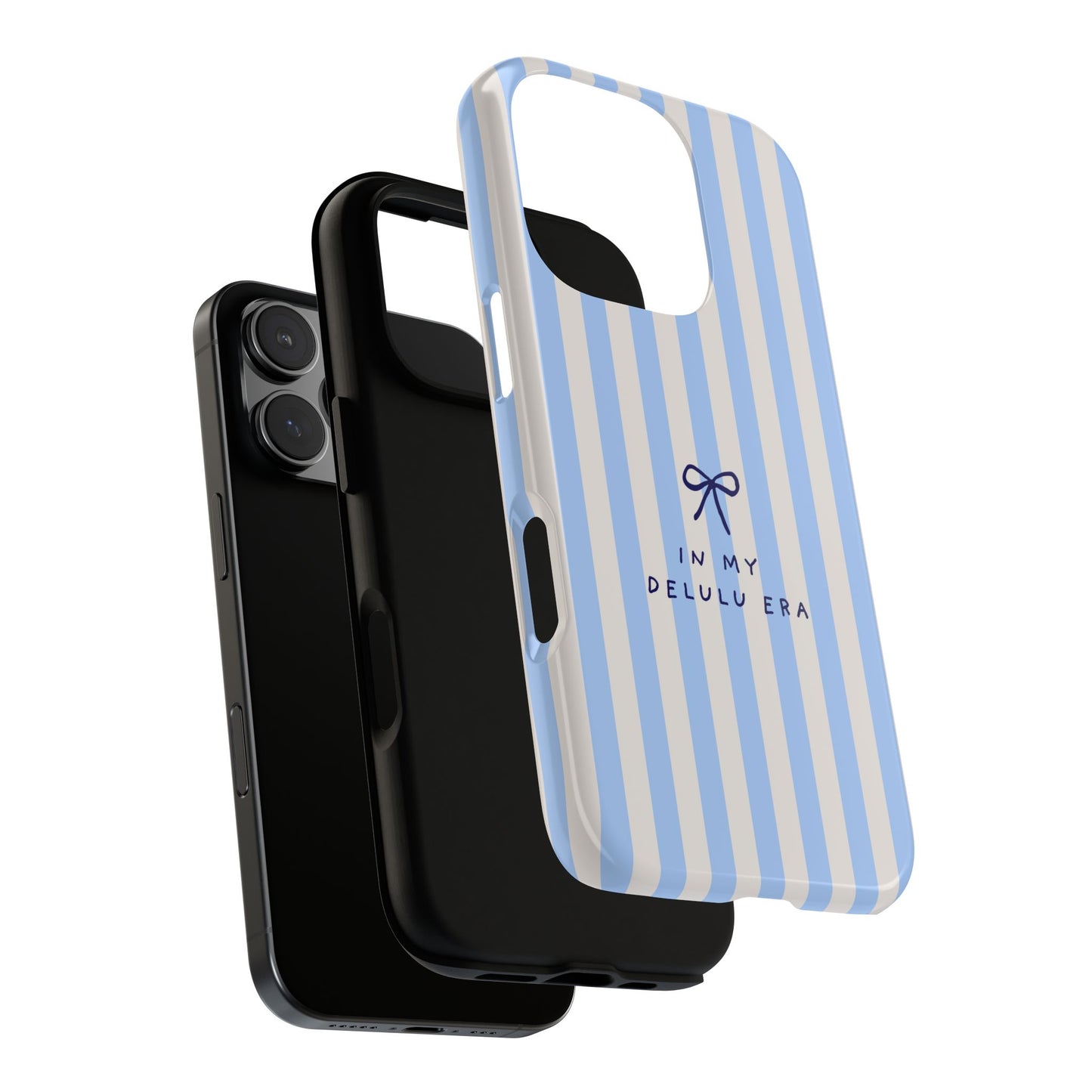 Striped Blue Phone Case — "In My Delulu Era" Cute Bow Design