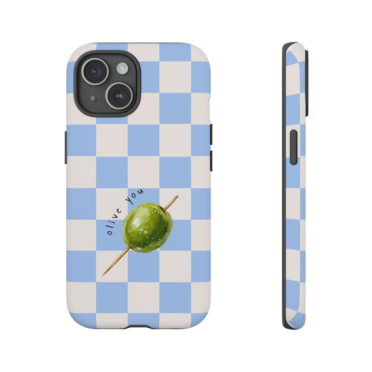 Blue Checkered Phone Case — 'Olive You' Patterned Protective Cover