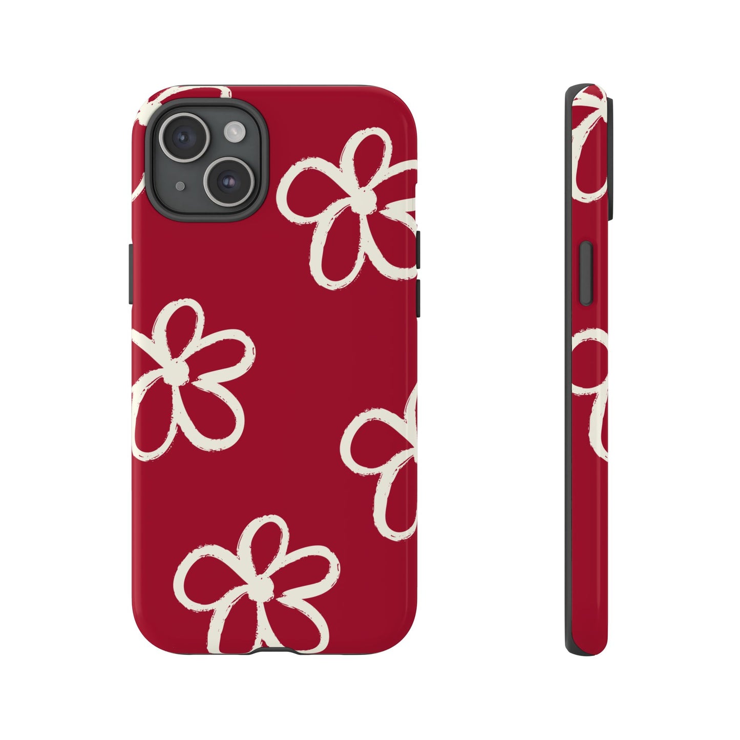 Red Floral Tough Phone Case — Hand-Drawn White Flowers on Burgundy