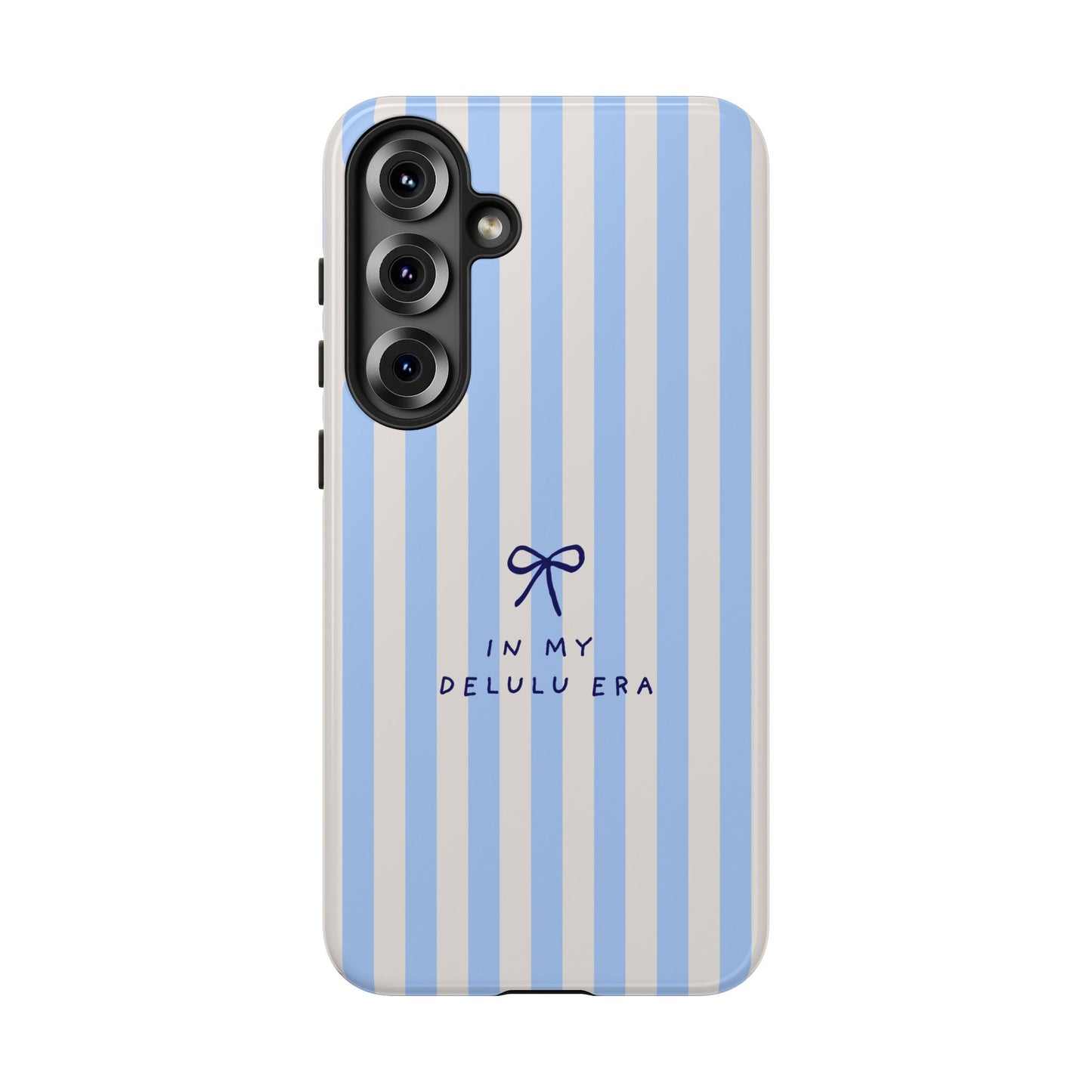 Striped Blue Phone Case — "In My Delulu Era" Cute Bow Design