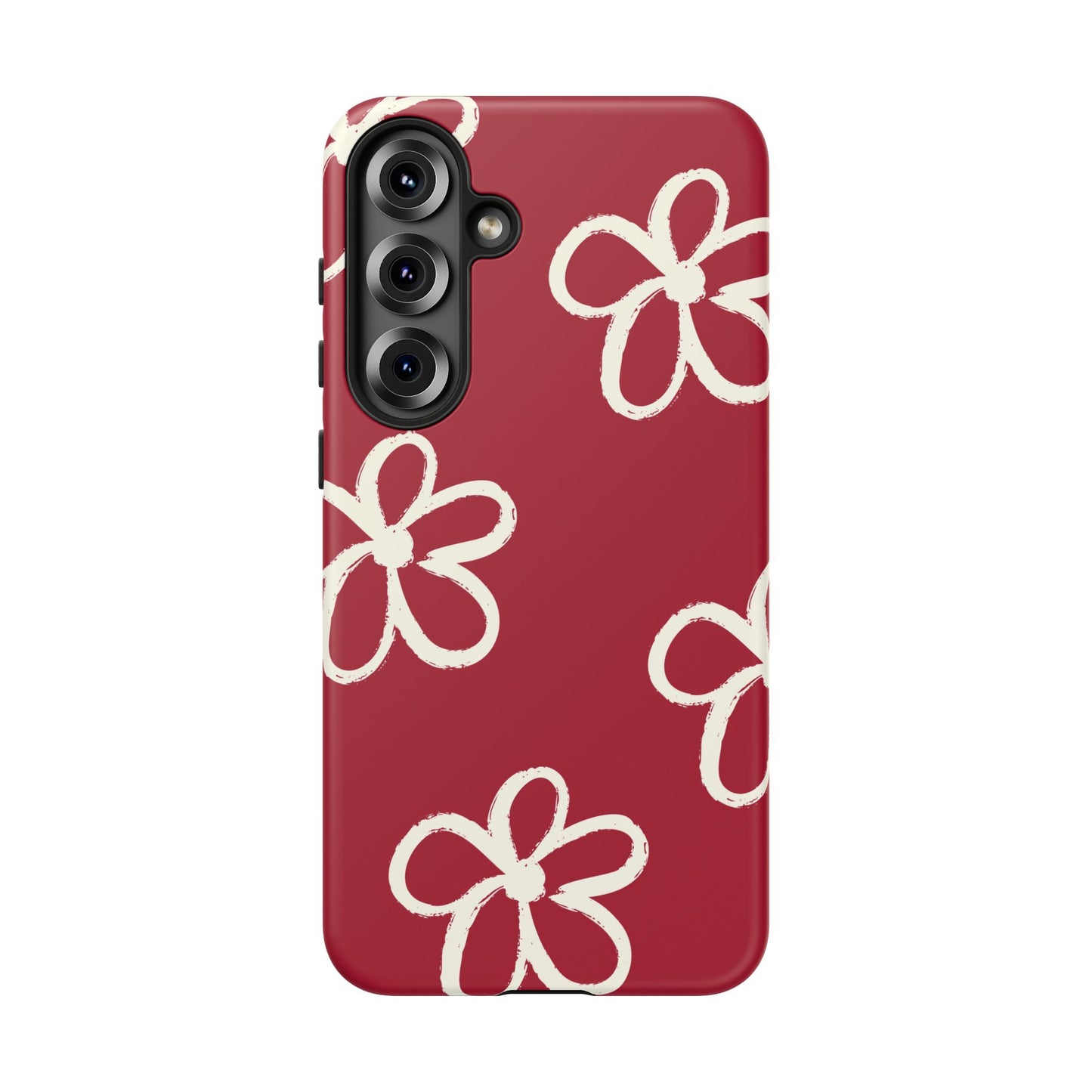 Red Floral Tough Phone Case — Hand-Drawn White Flowers on Burgundy