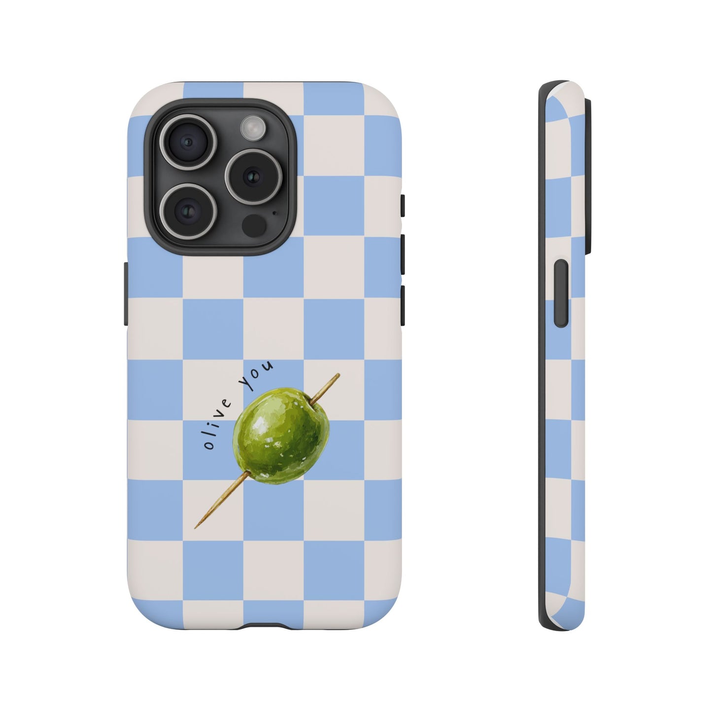 Blue Checkered Phone Case — 'Olive You' Patterned Protective Cover