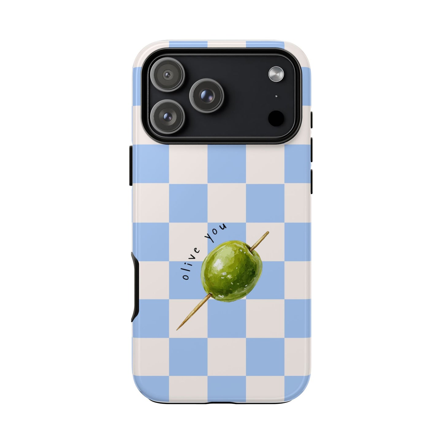 Blue Checkered Phone Case — 'Olive You' Patterned Protective Cover