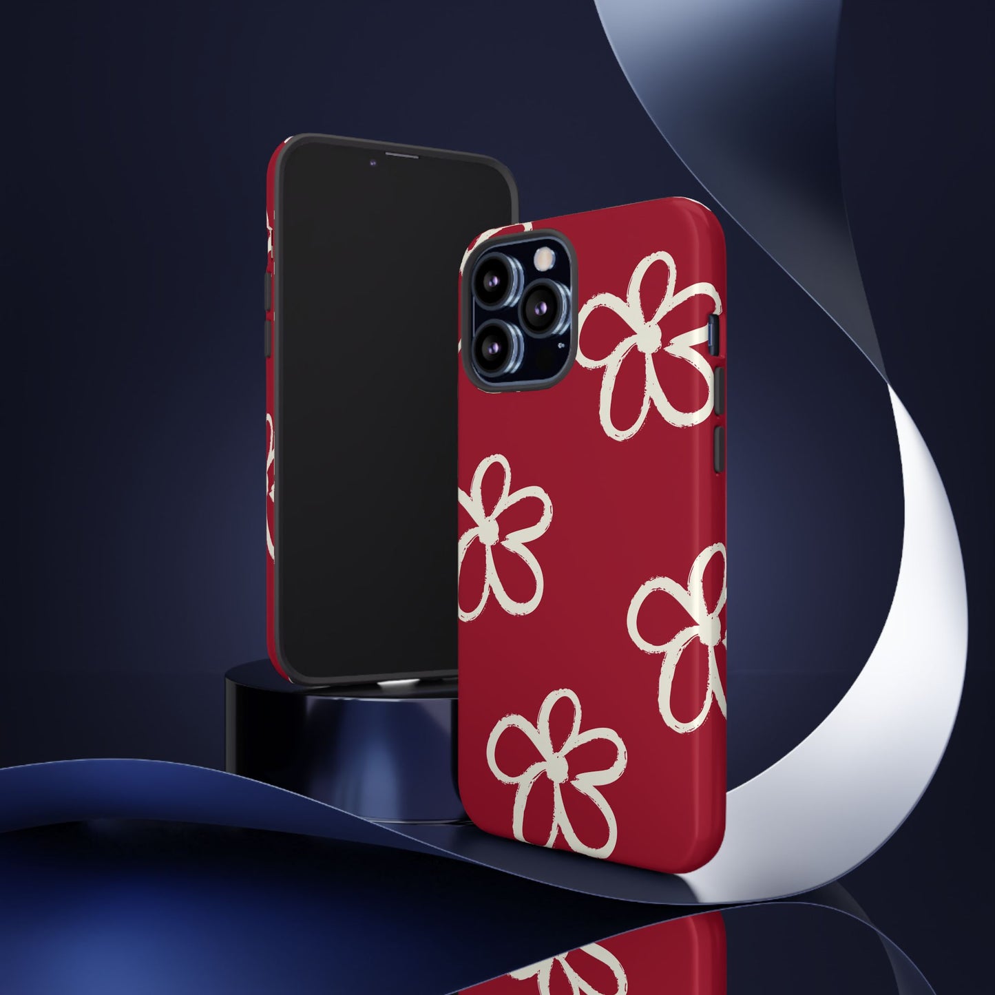 Red Floral Tough Phone Case — Hand-Drawn White Flowers on Burgundy