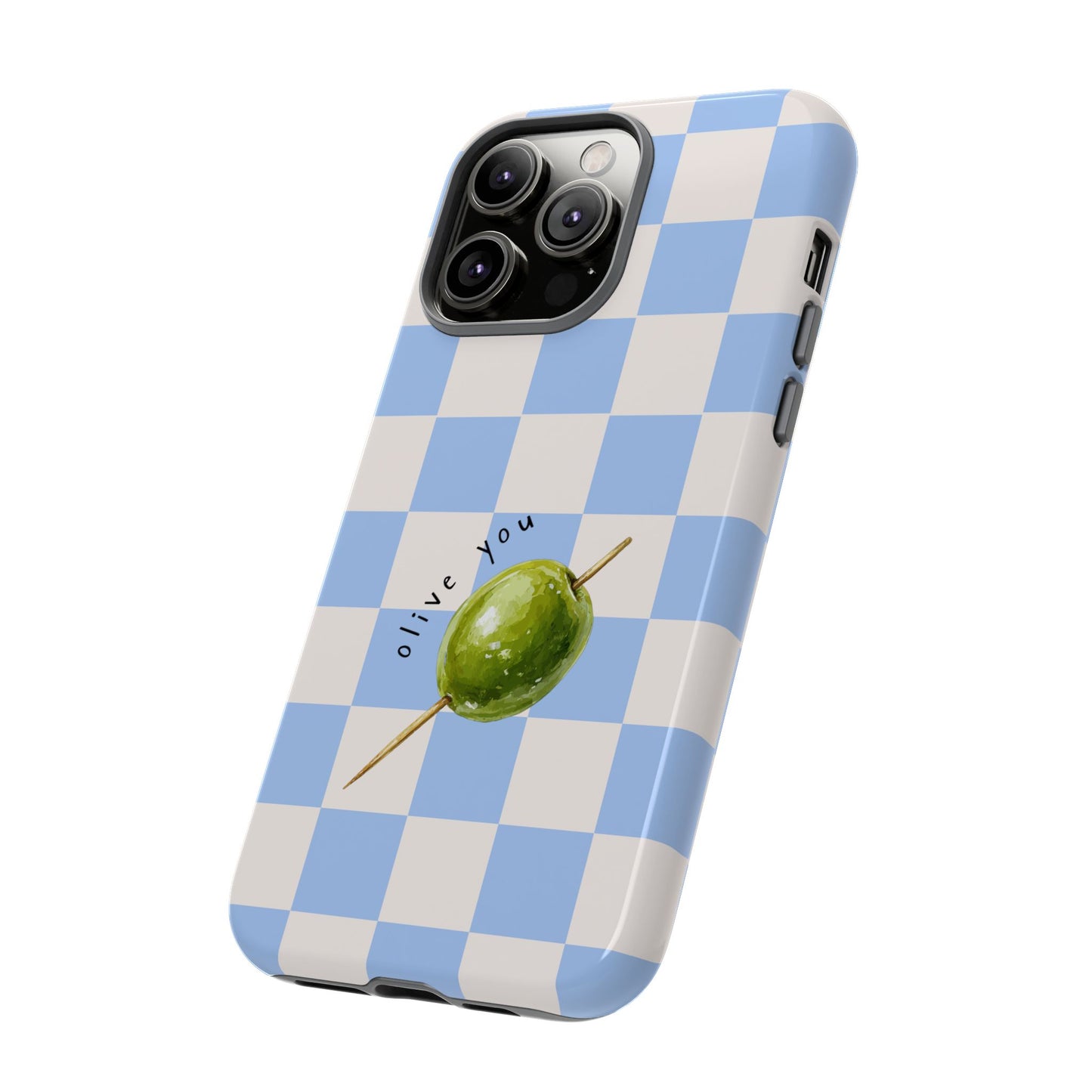 Blue Checkered Phone Case — 'Olive You' Patterned Protective Cover