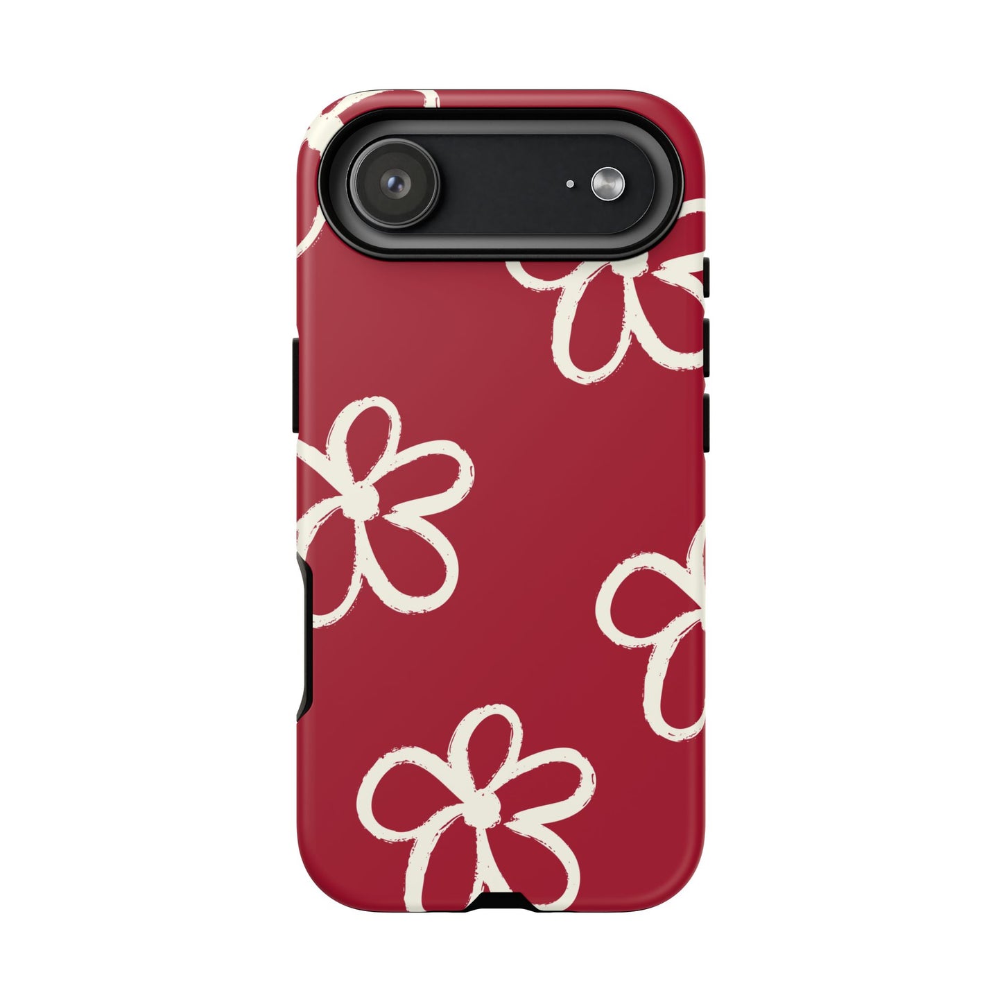 Red Floral Tough Phone Case — Hand-Drawn White Flowers on Burgundy