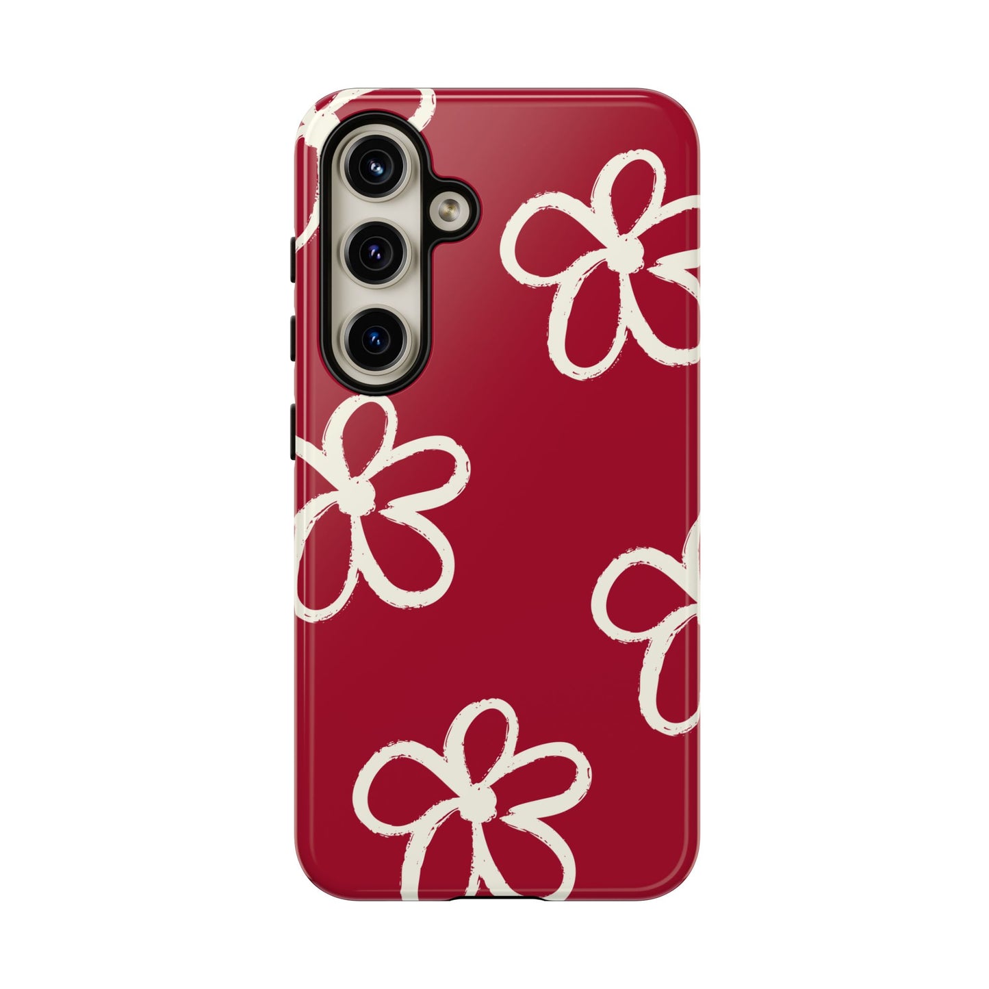 Red Floral Tough Phone Case — Hand-Drawn White Flowers on Burgundy