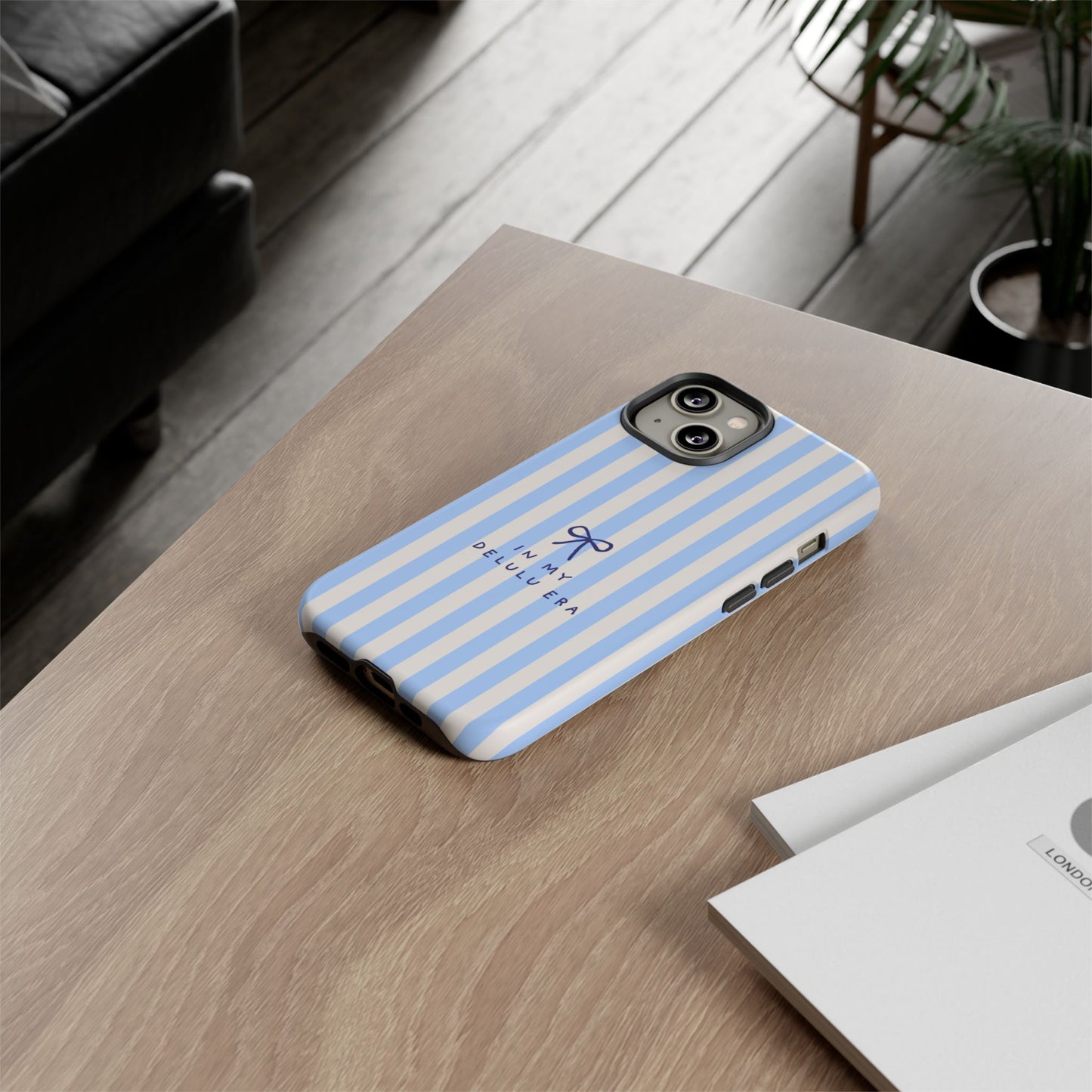 Striped Blue Phone Case — "In My Delulu Era" Cute Bow Design