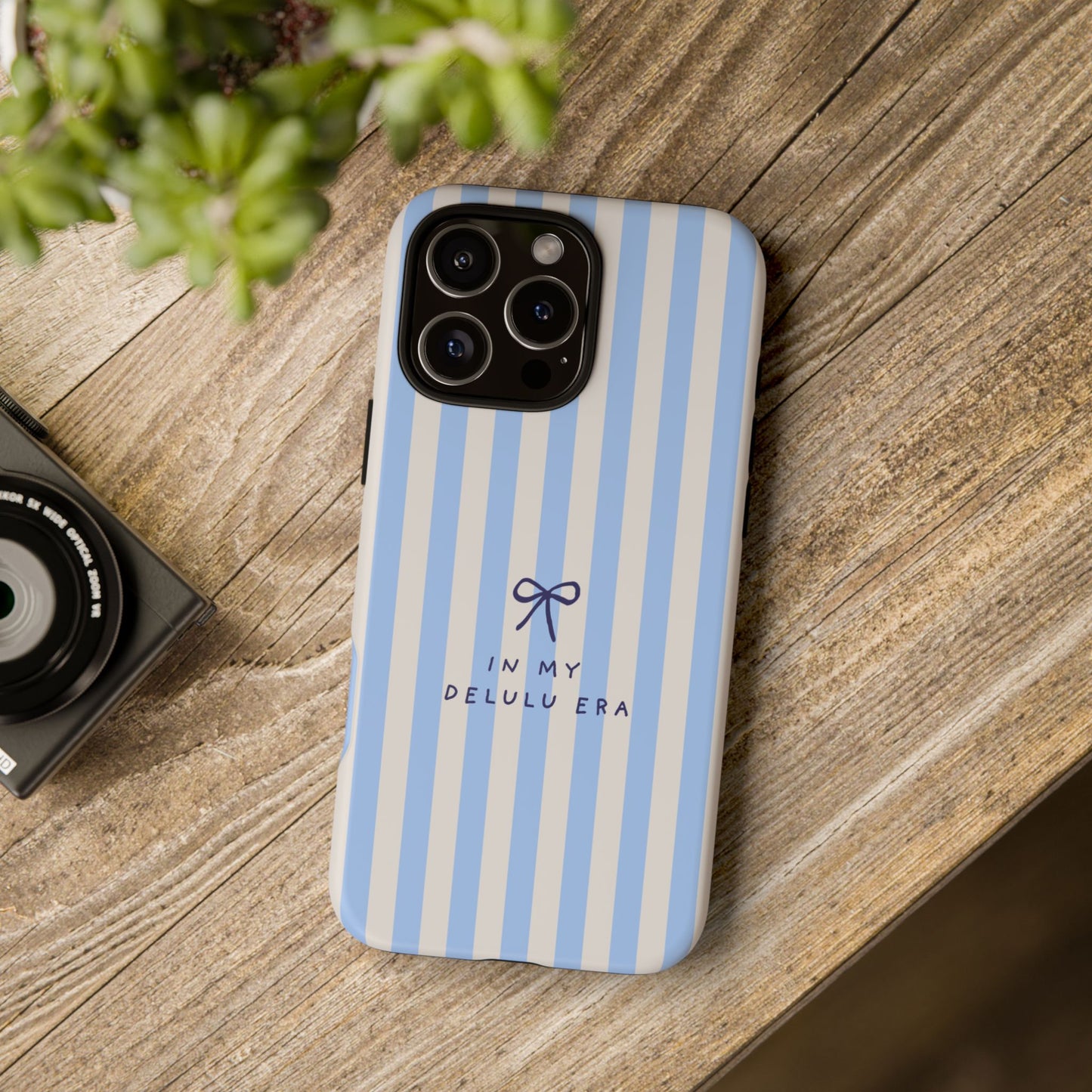 Striped Blue Phone Case — "In My Delulu Era" Cute Bow Design