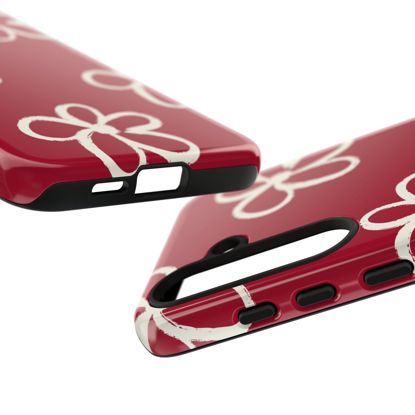 Red Floral Tough Phone Case — Hand-Drawn White Flowers on Burgundy