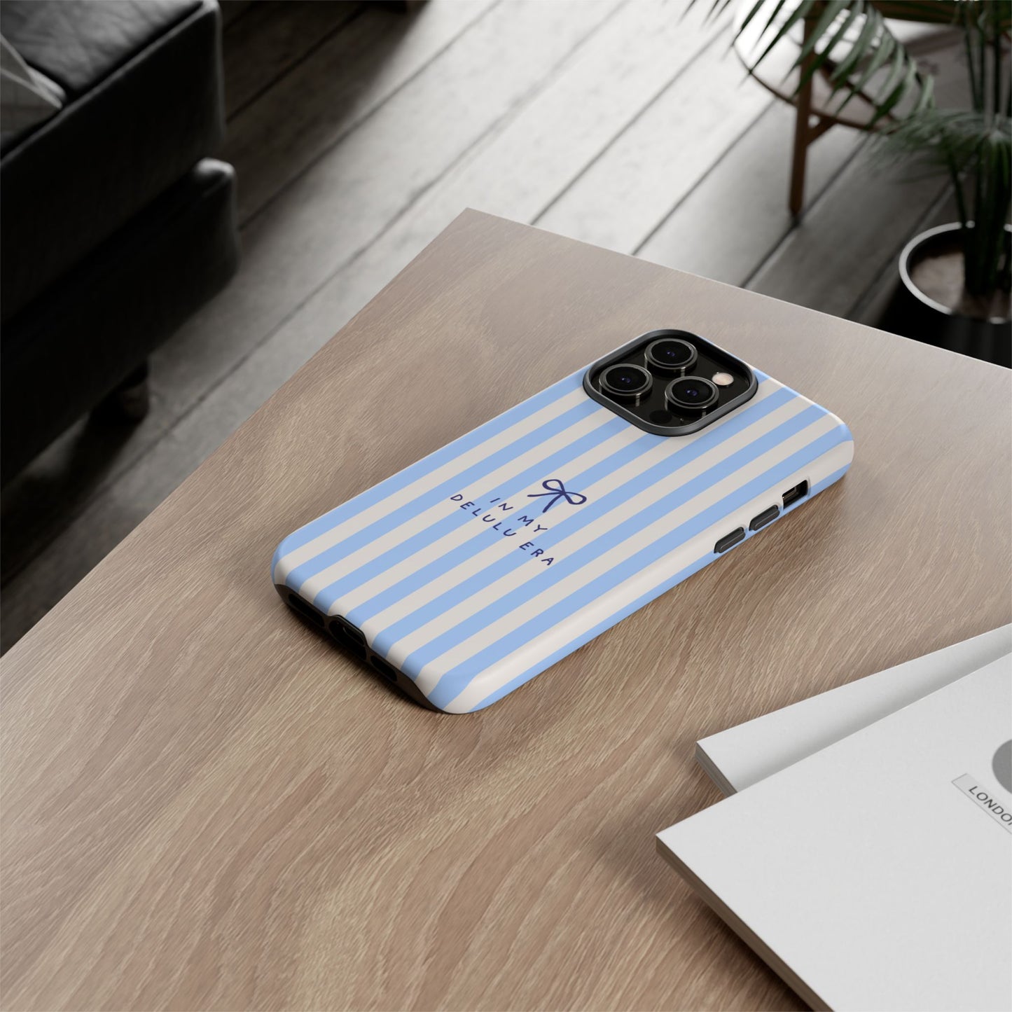 Striped Blue Phone Case — "In My Delulu Era" Cute Bow Design