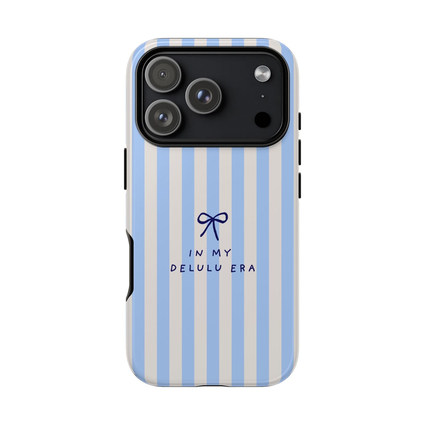 Striped Blue Phone Case — "In My Delulu Era" Cute Bow Design