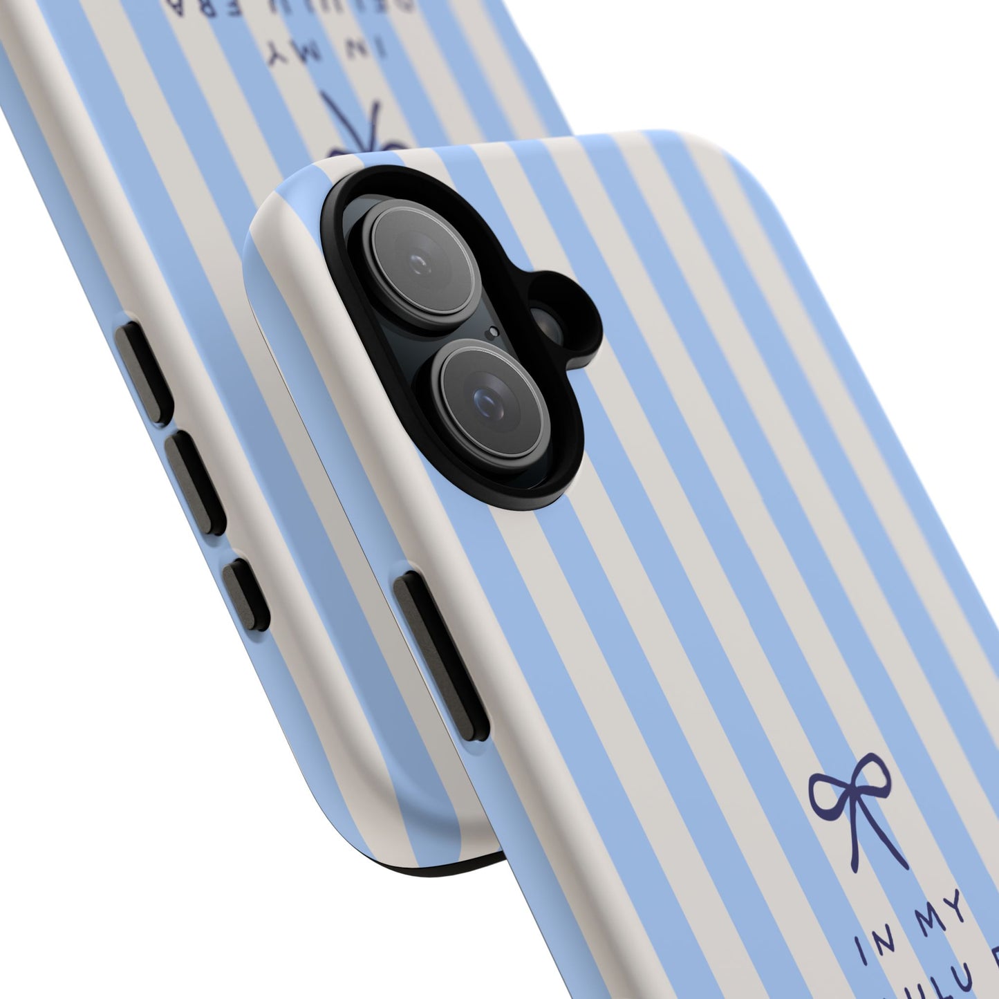 Striped Blue Phone Case — "In My Delulu Era" Cute Bow Design