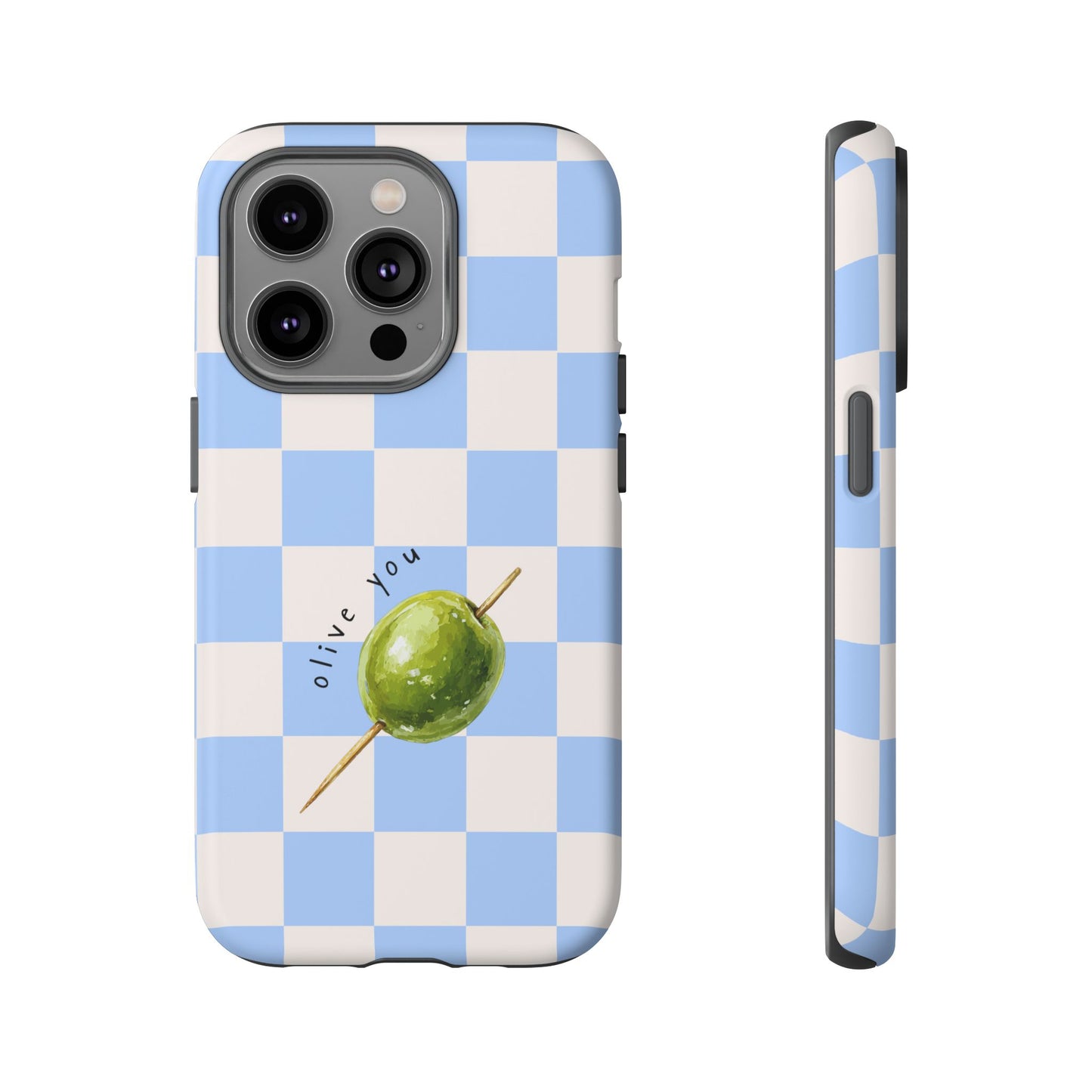 Blue Checkered Phone Case — 'Olive You' Patterned Protective Cover