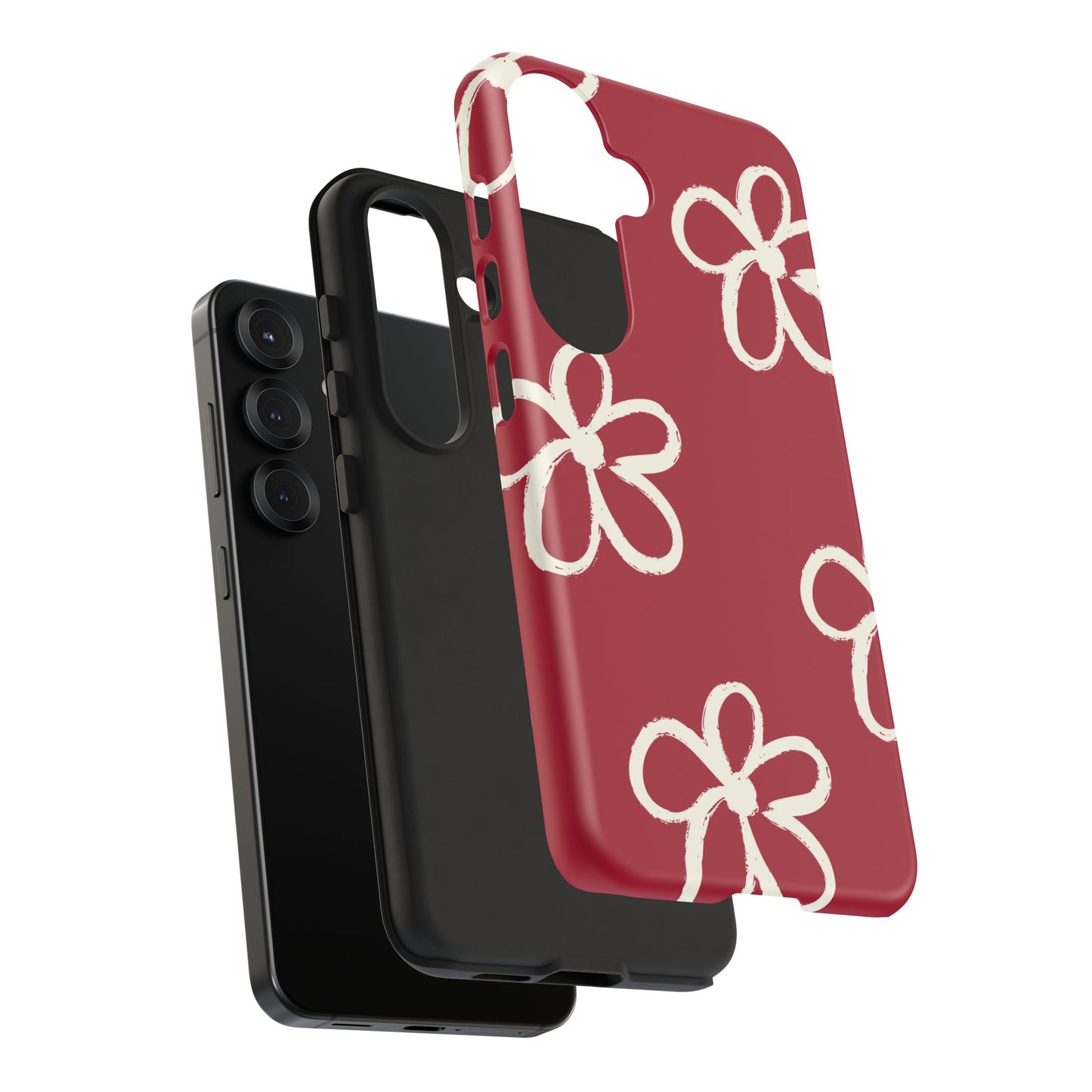 Red Floral Tough Phone Case — Hand-Drawn White Flowers on Burgundy
