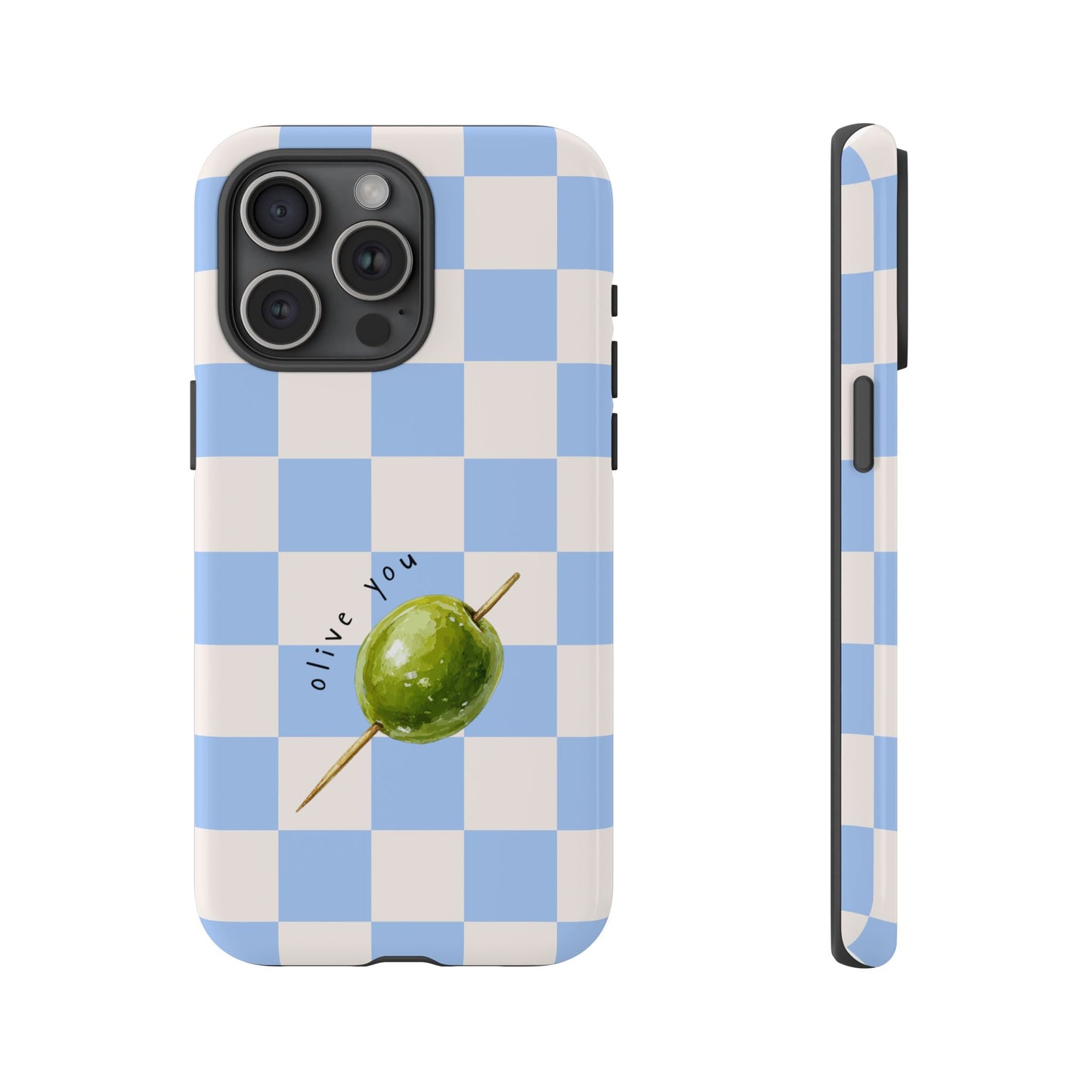 Blue Checkered Phone Case — 'Olive You' Patterned Protective Cover