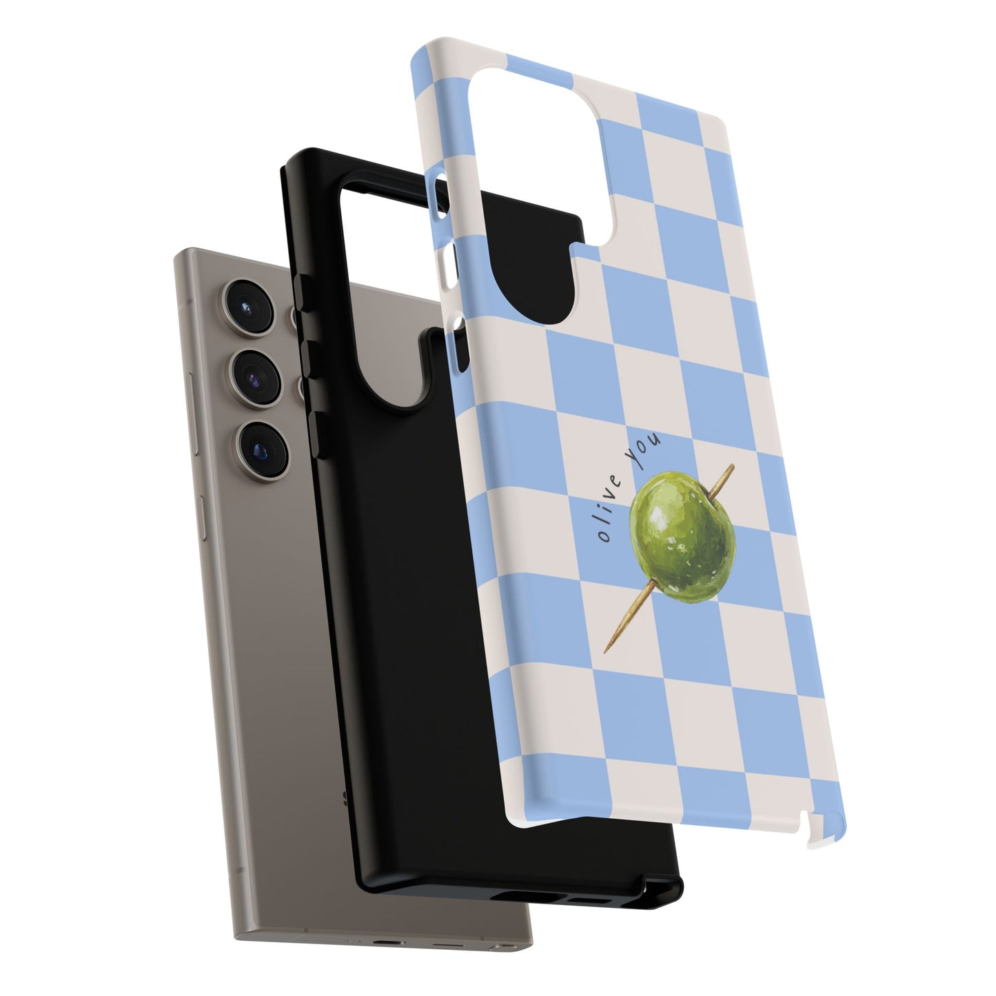 Blue Checkered Phone Case — 'Olive You' Patterned Protective Cover